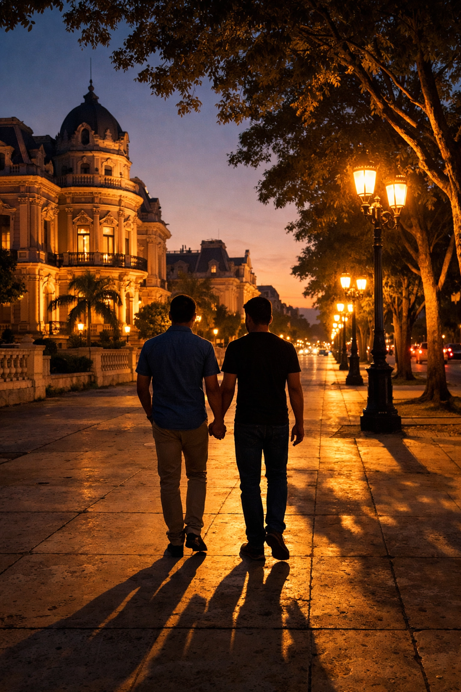 Gay couple holding hands on Paseo de Montejo boulevard in Mérida at sunset