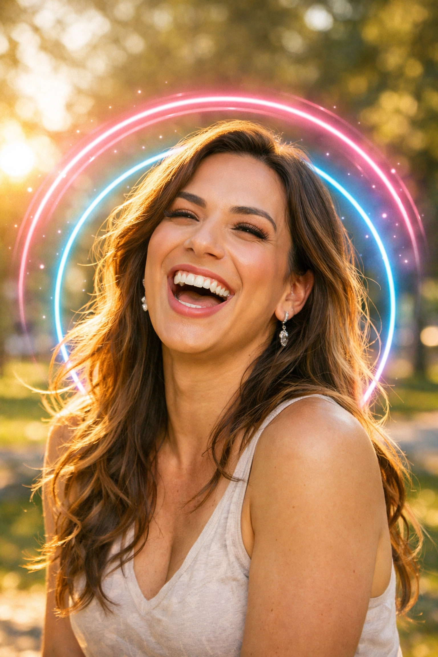 A happy trans woman laughing in a park, illustrating the confidence and Trans joy of living authentically.