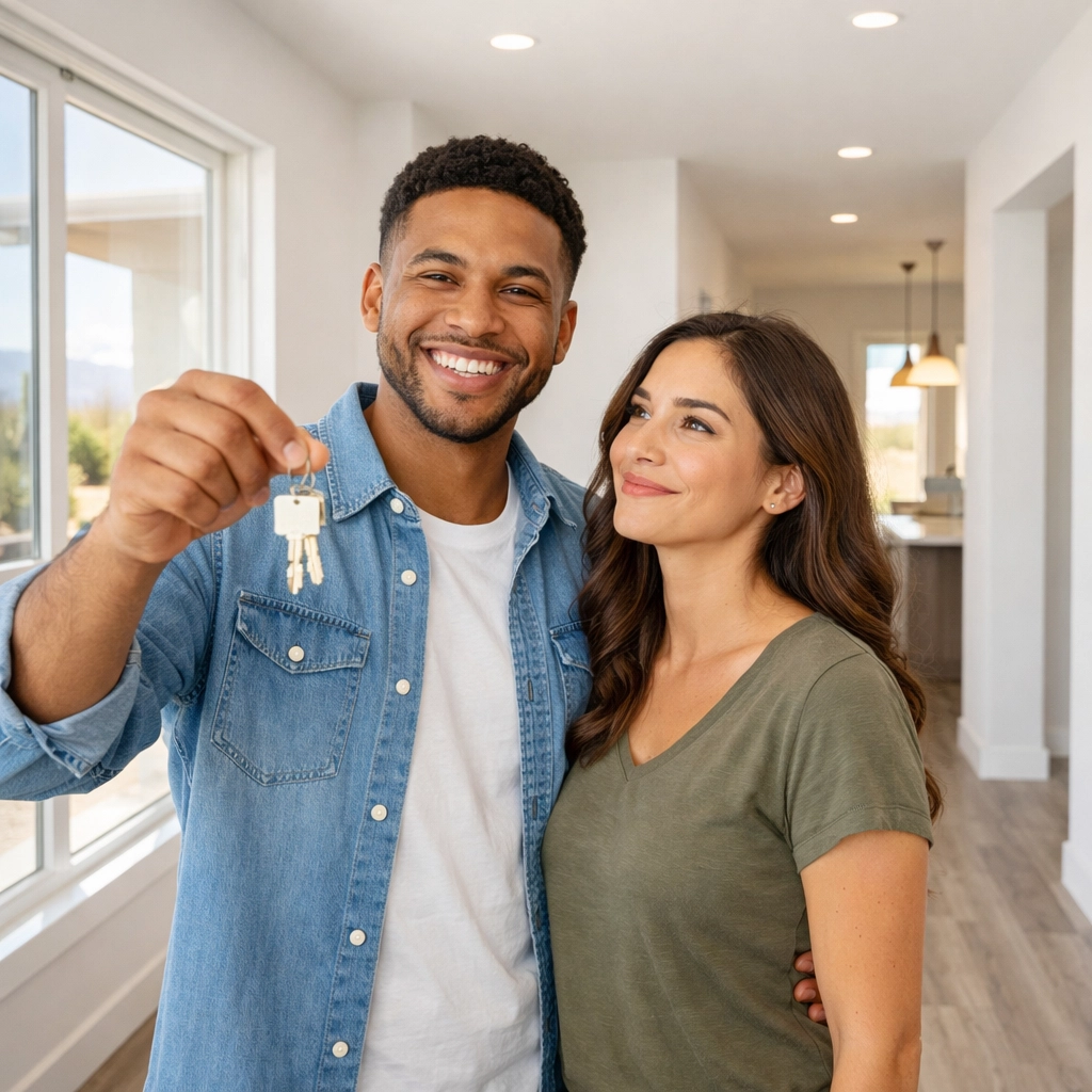 Happy couple with keys in a modern Arizona new construction home, symbolizing peace of mind and certainty. Happy couple with keys in a modern Arizona new construction home, symbolizing peace of mind and certainty.