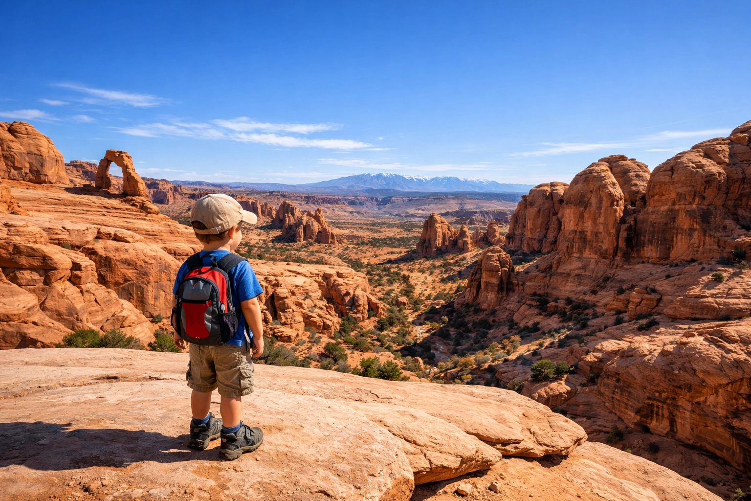 A child standing on a sandstone ledge overlooking the red rock vistas of Arches National Park during a hike.