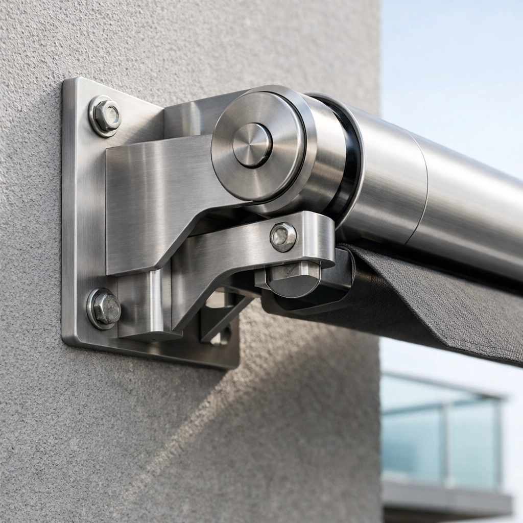 Fachgerechte Montage einer Markise nach Maß an einer modernen Hauswand für optimale Stabilität.