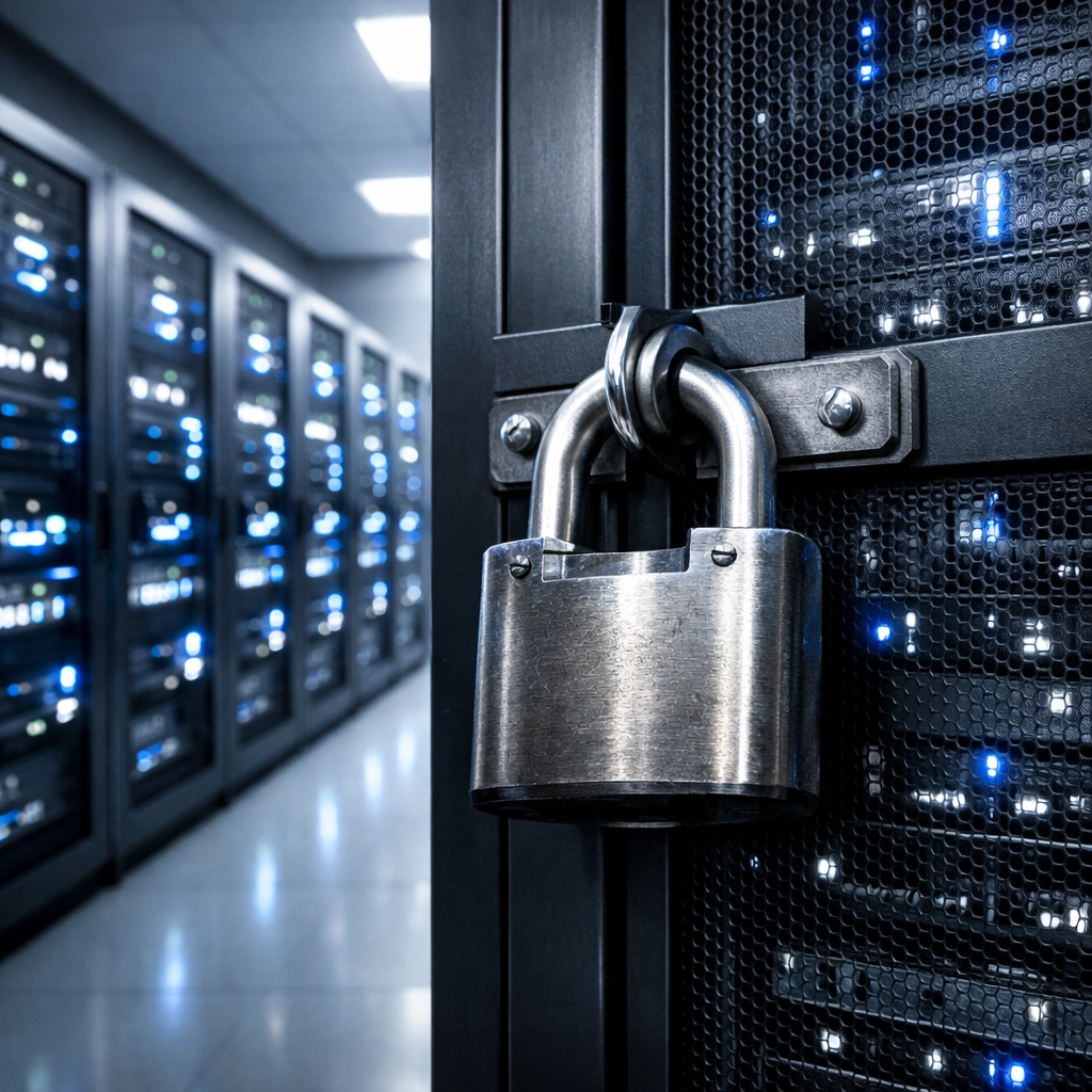 Locked server cabinet in a clinical data center illustrating healthcare vendor lock-in and data silos.