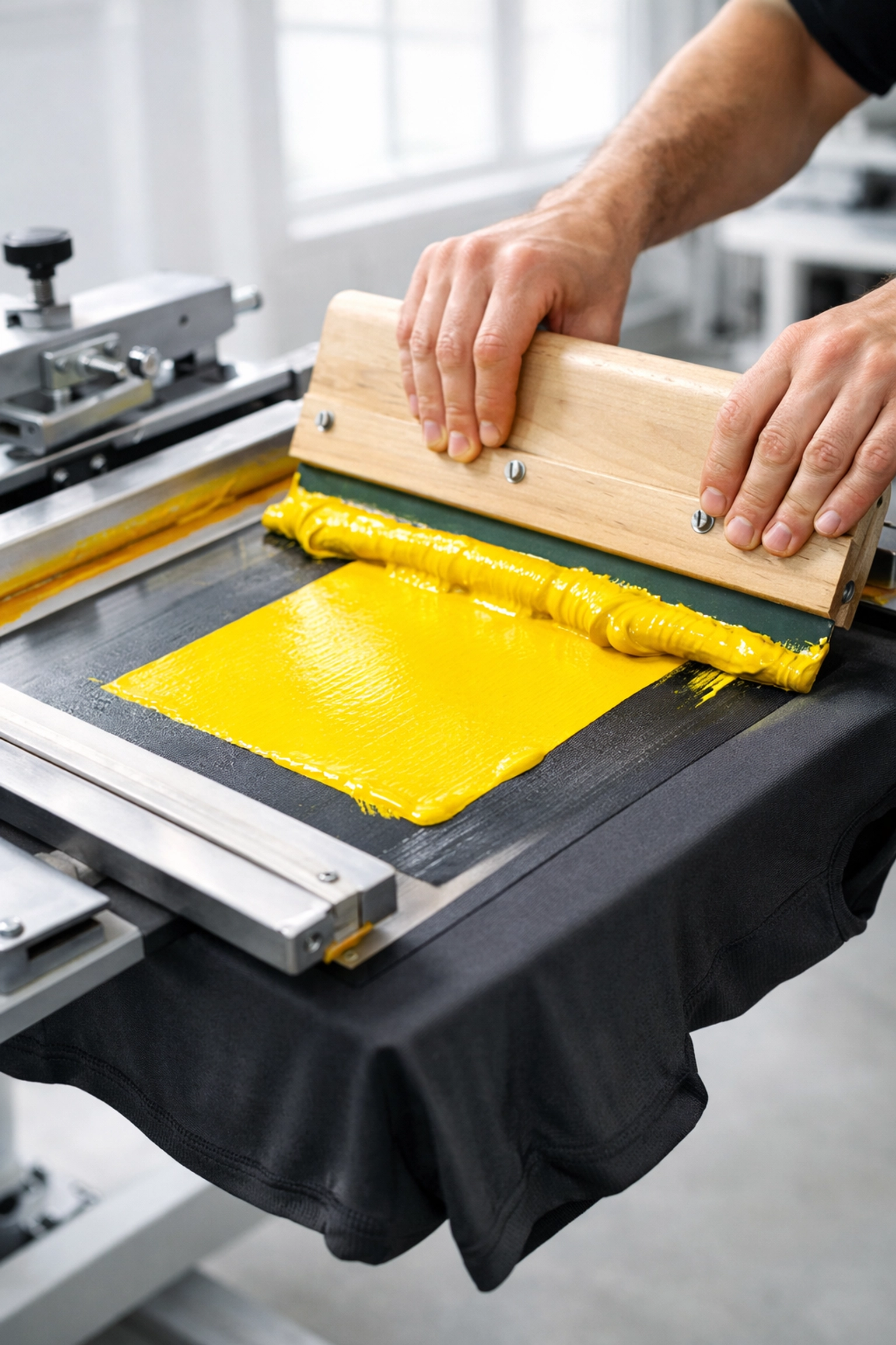 Professional screen printing on a performance t-shirt using vibrant yellow ink for custom gym apparel.