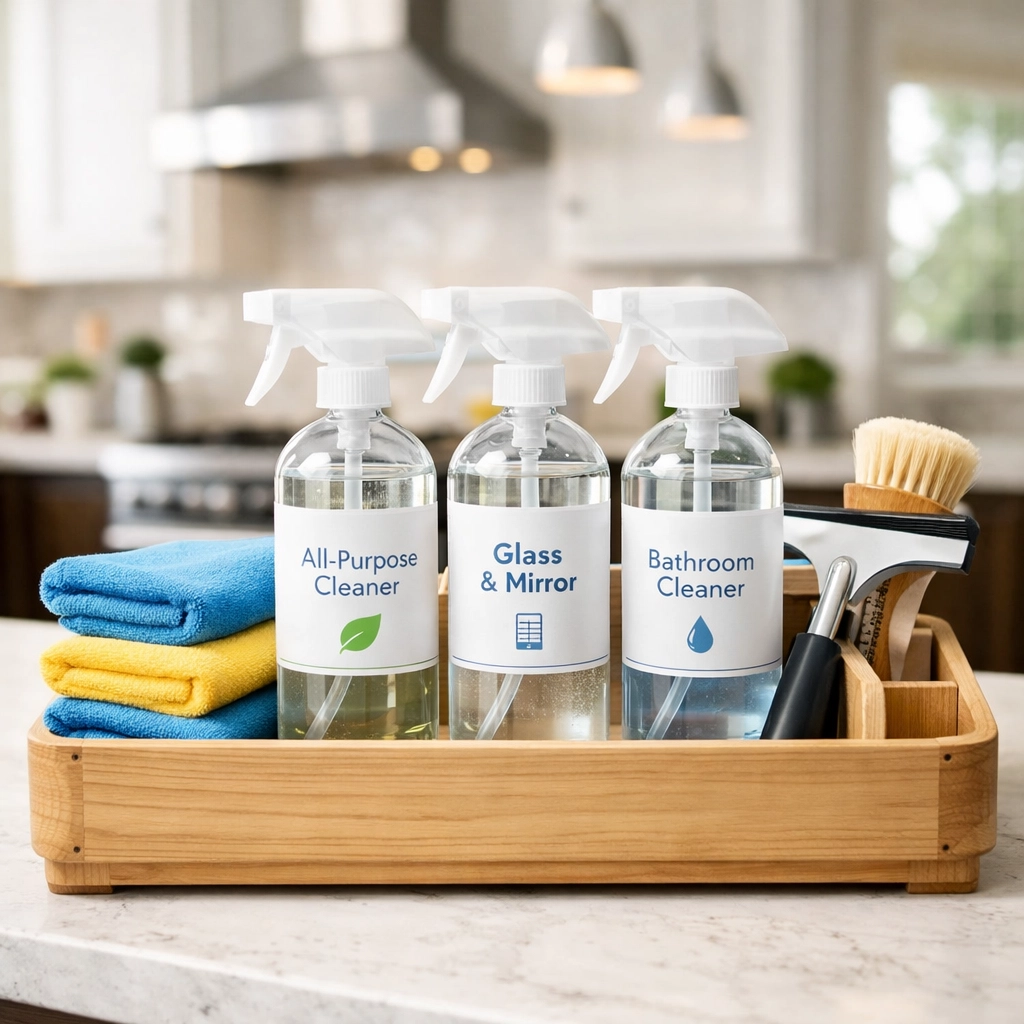 Eco-friendly move-out cleaning Worcester MA supplies including microfiber cloths and non-toxic sprays.