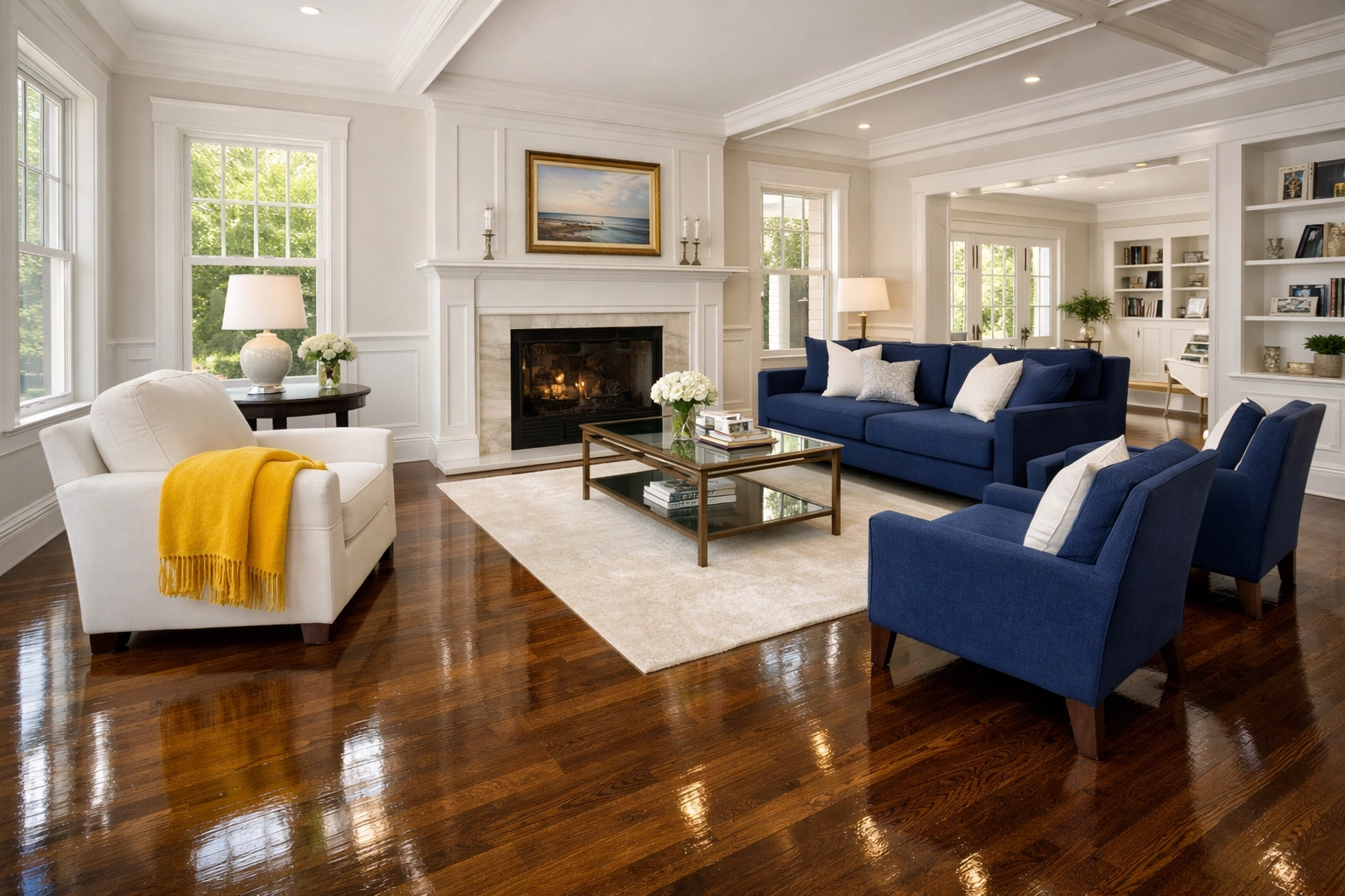 Pristine living room with polished hardwood floors reflecting professional house cleaning Shirley MA quality.