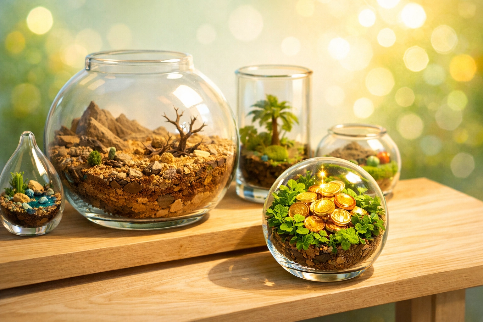 Small lush terrarium with coins representing high ROI in niche international advertising markets.