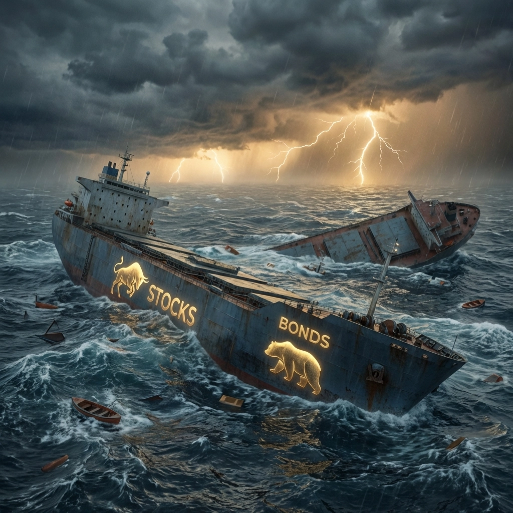 Illustration of both stocks and bonds sinking together in a storm, symbolizing 60/40 portfolio decline.