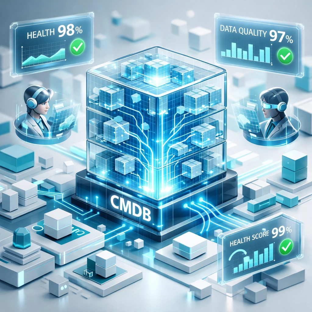 ServiceNow CMDB data quality visualization showing 95% platform health score with AI integration