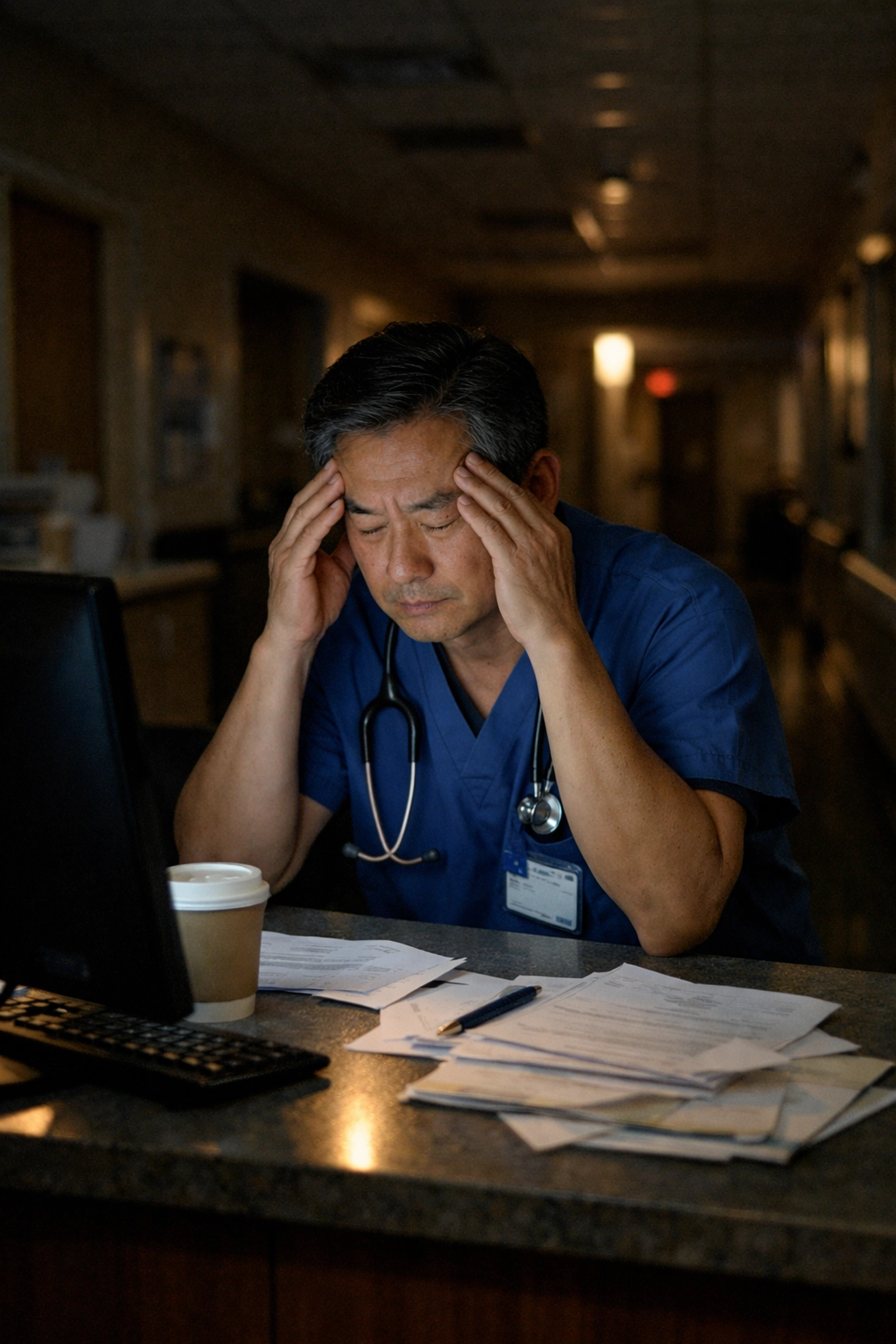 Exhausted nurse leader working late at nurses station alone, facing long-term care leadership burnout
