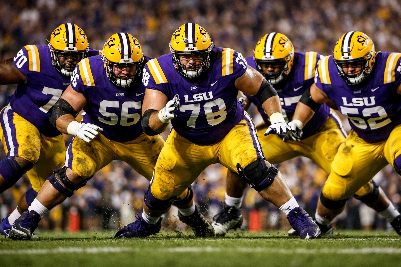 LSU offensive line in blocking formation wearing purple and gold jerseys