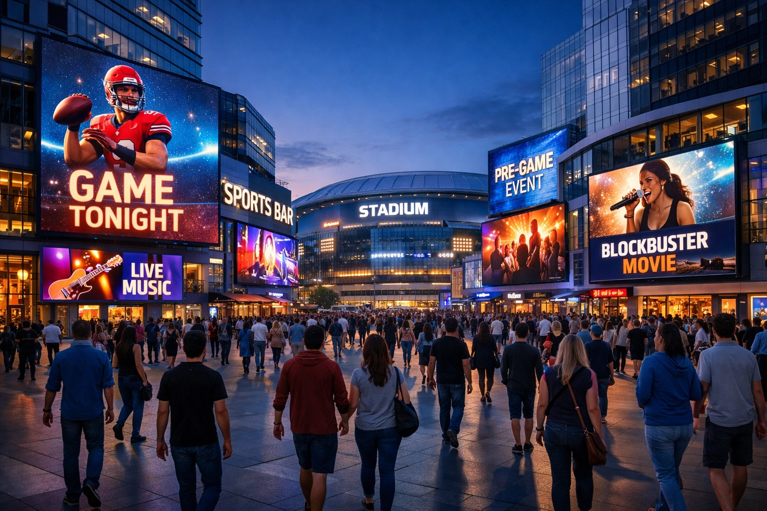 Large digital billboards in an urban entertainment district near a stadium reaching fans in key decision zones.