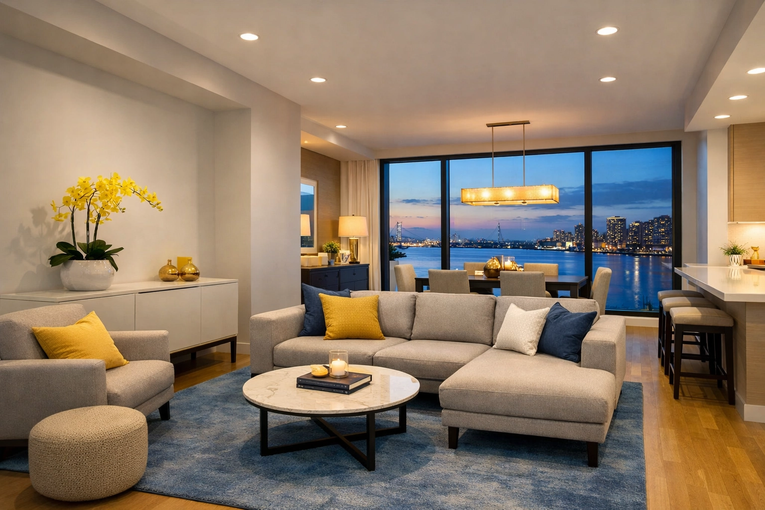Clutter-free Boston Seaport condo living room following an efficient post-holiday cleaning service Boston.