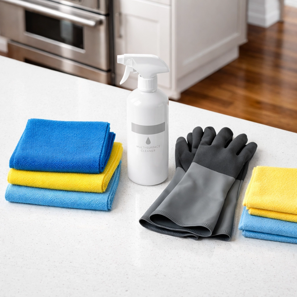 Professional maid services Lowell equipment and high-quality supplies on a pristine white kitchen counter.