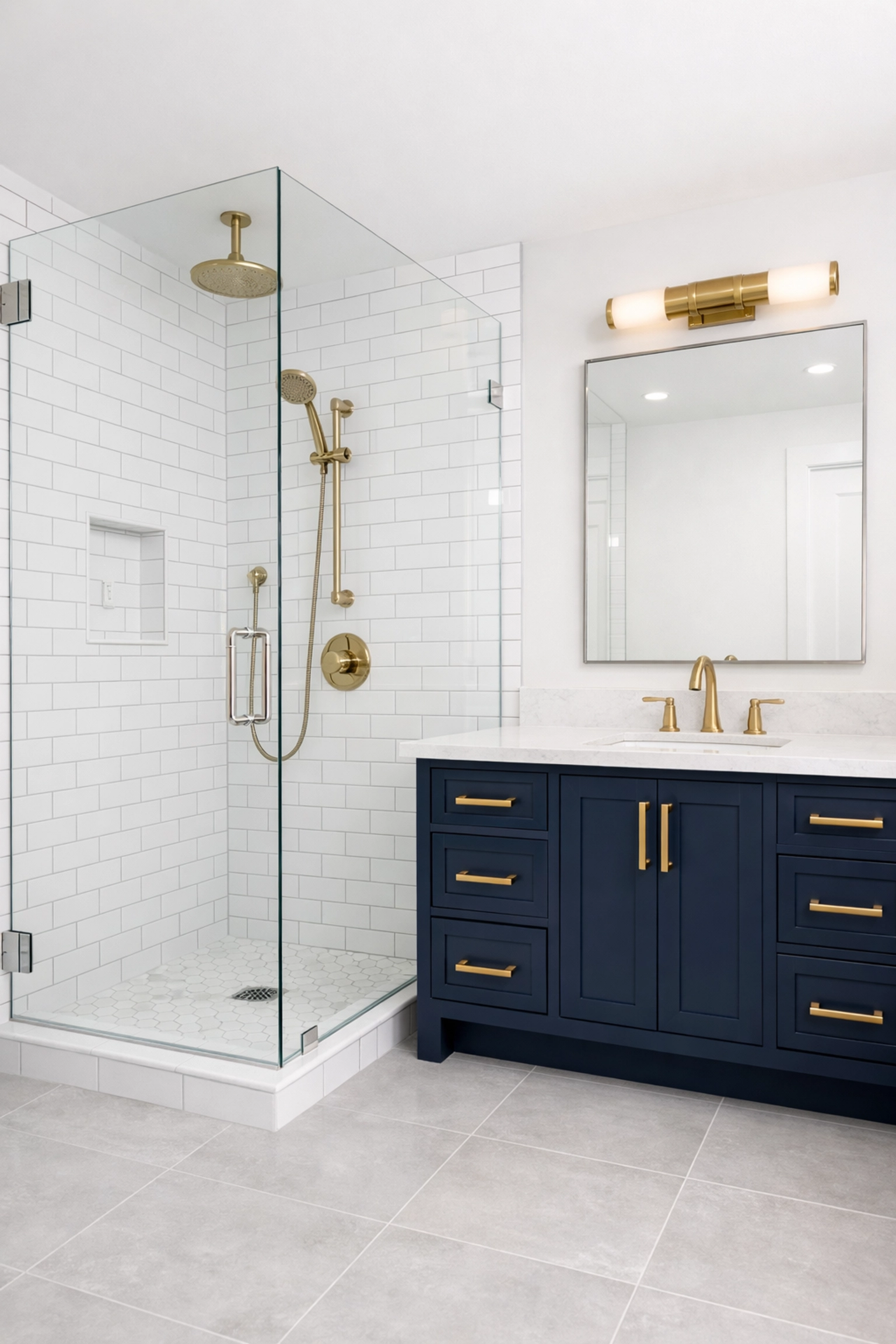 Spotless luxury bathroom with sparkling glass and tiles after professional post-construction cleaning in Worcester.