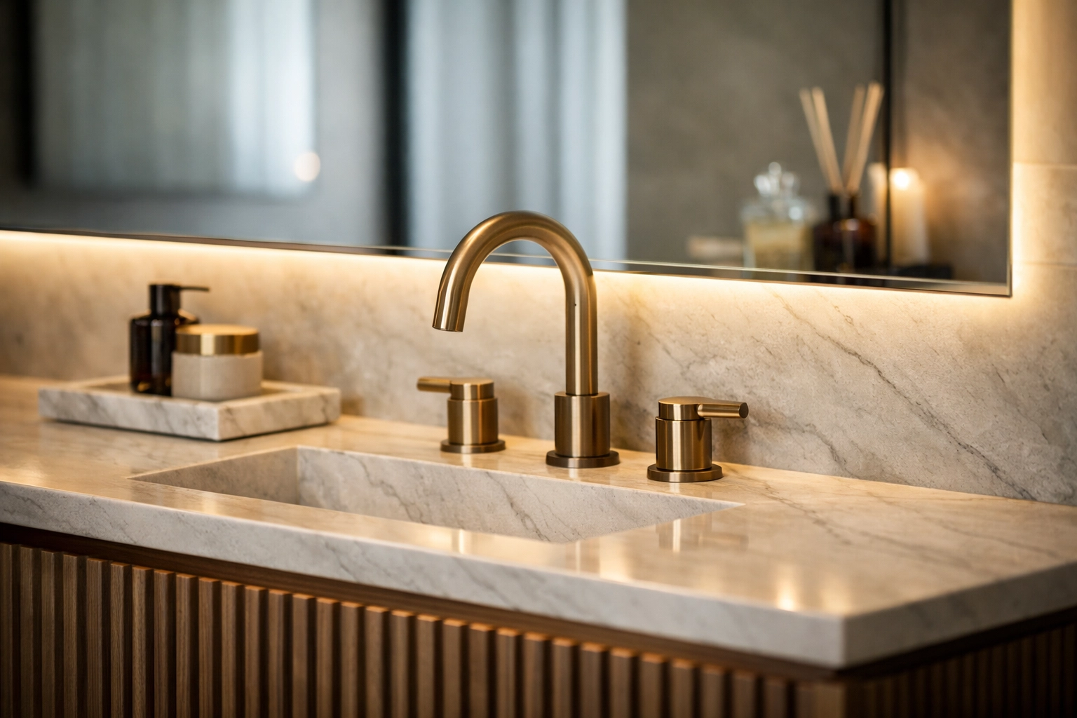 Luxury bathroom vanity close-up render featuring a stone countertop, brushed brass tapware, fluted wood cabinetry, and soft indirect lighting in an 8K architectural visualisation style.