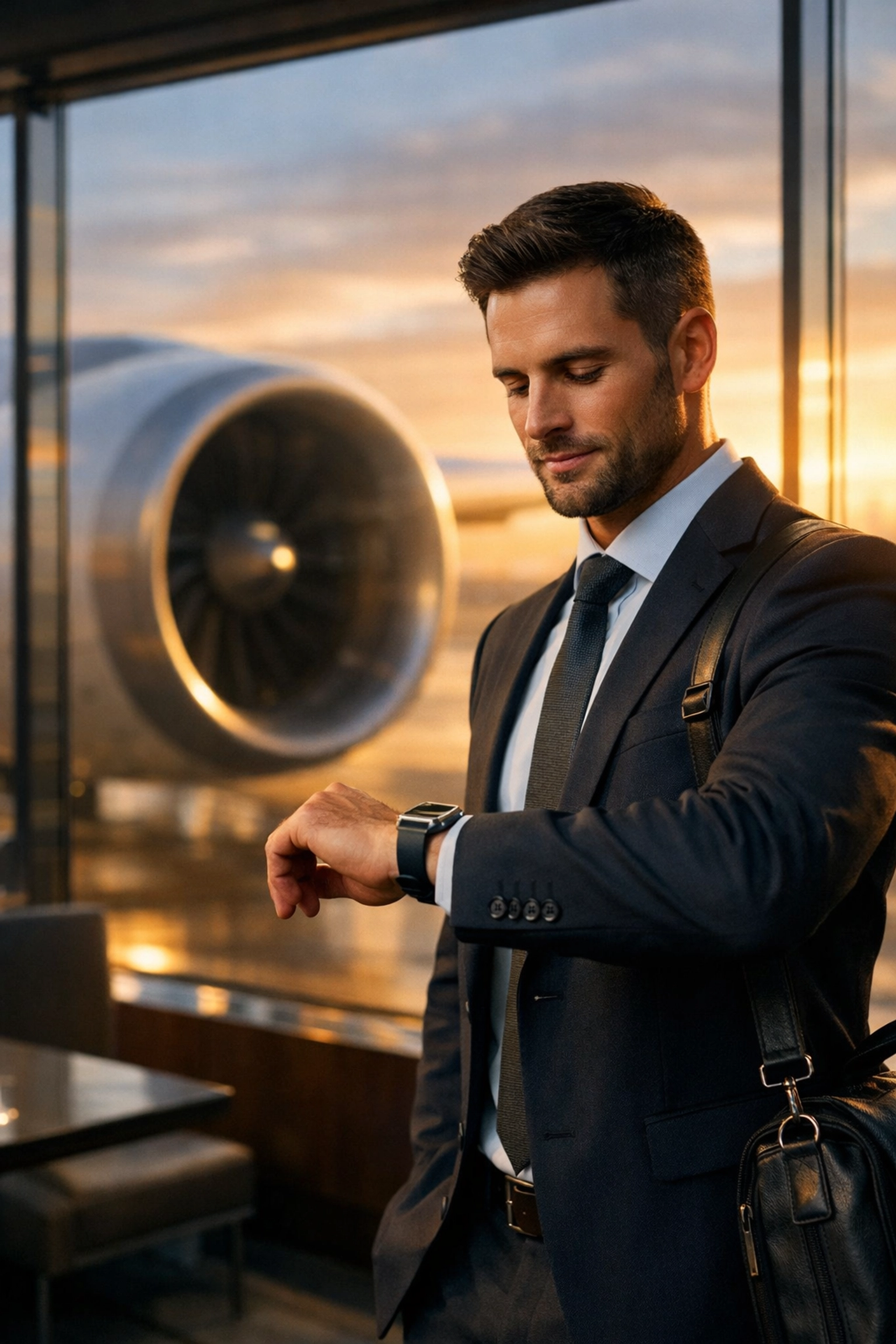 Business traveler checking a smartwatch in an airport to manage international time zones.