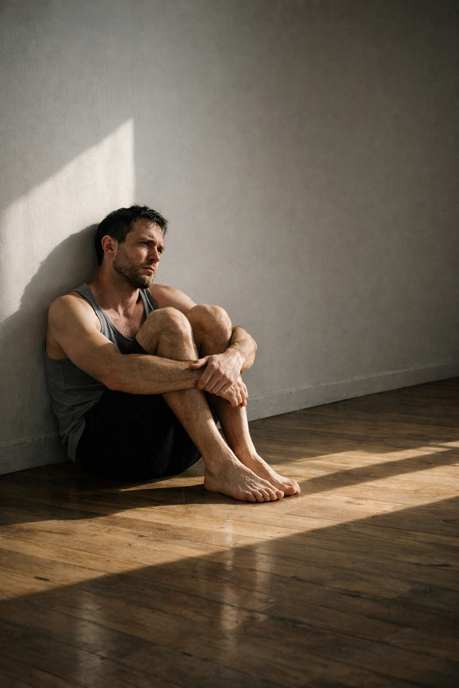 A man sits alone in harsh morning light, capturing the isolation and emotional toll of the chem-sex comedown.
