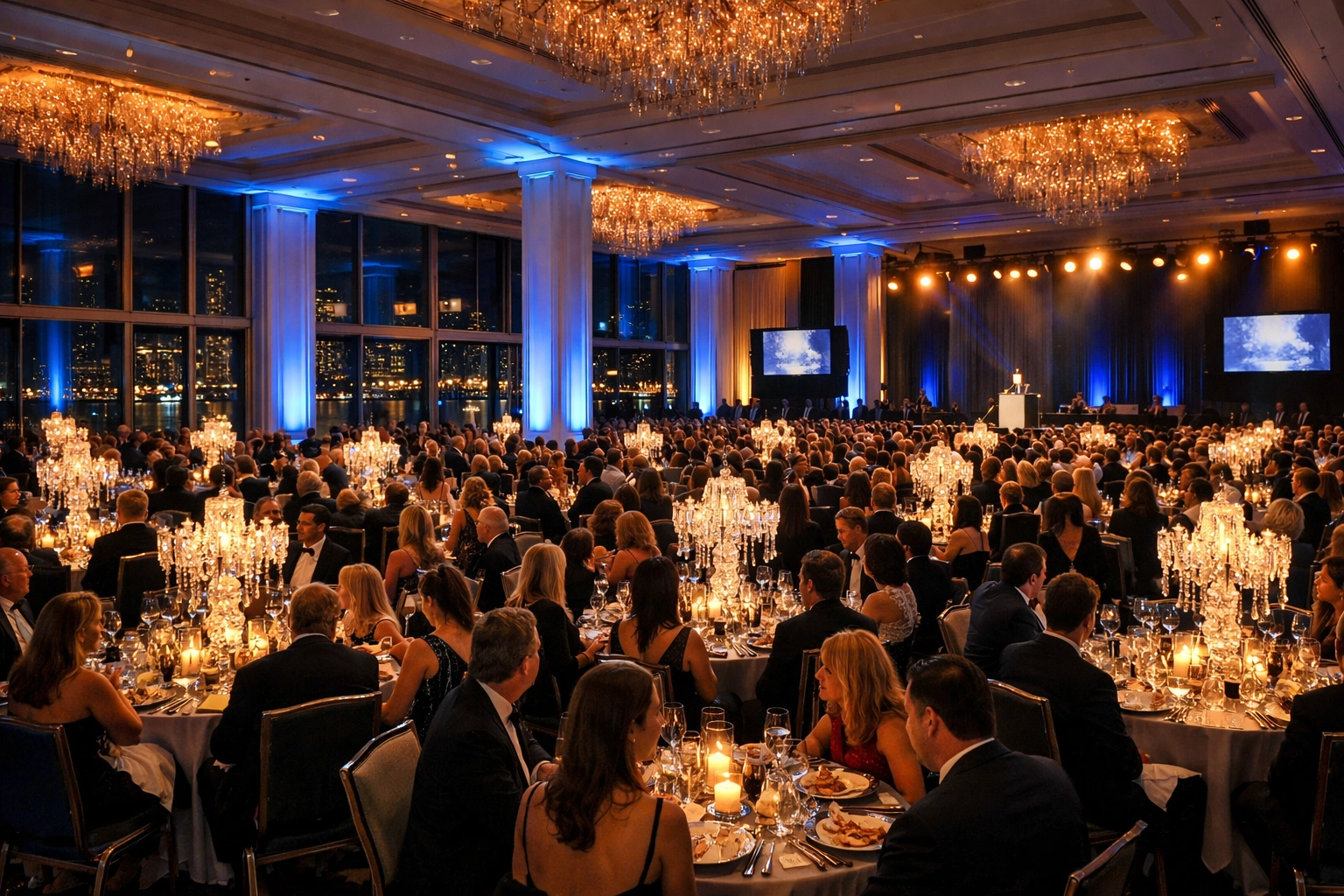 Corporate event photographer capturing a gala in a luxury Miami hotel ballroom with city views.