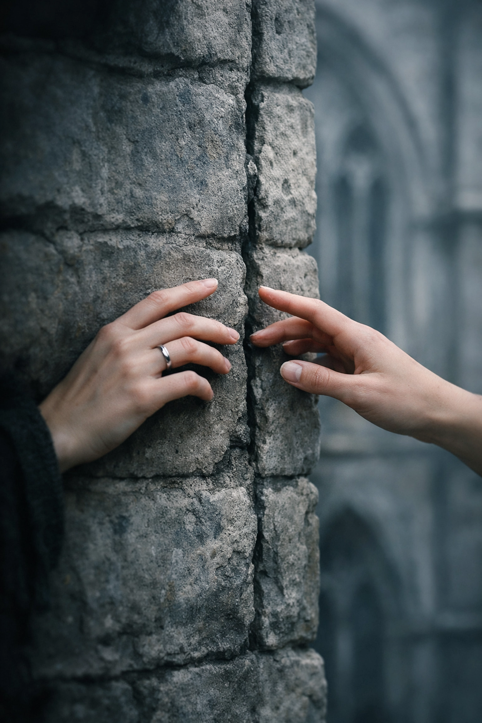 Separated nuns reaching for each other across monastery wall during Inquisition persecution