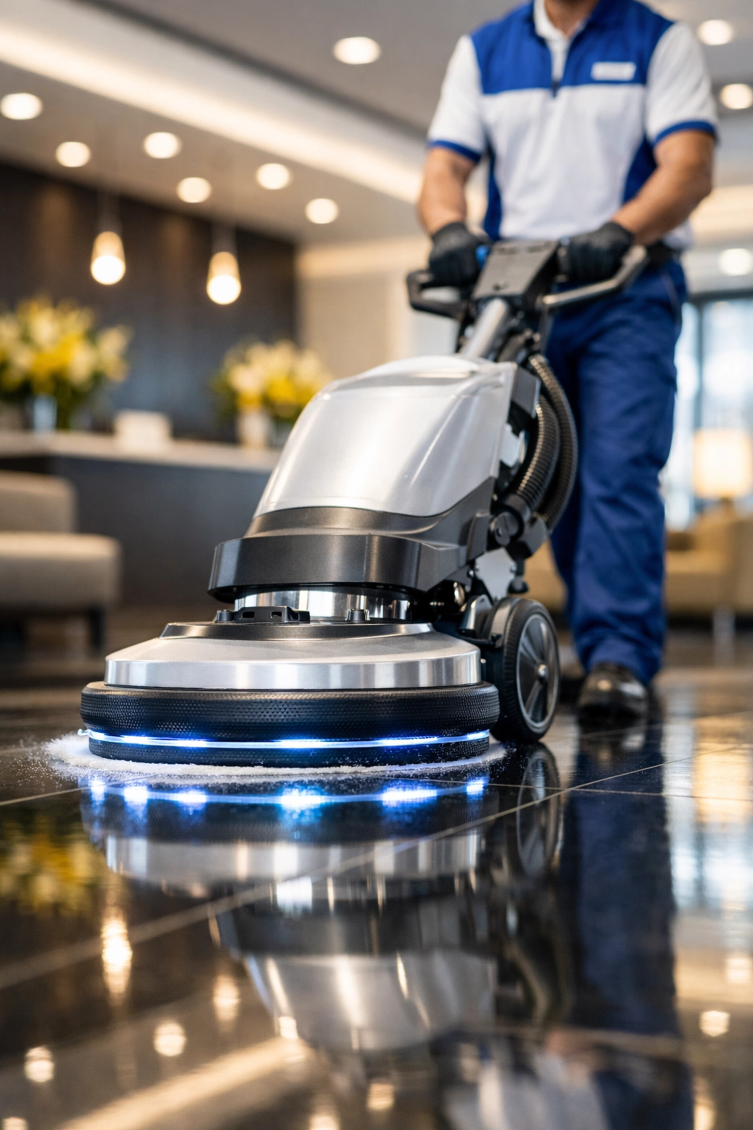 Professional technician performing commercial cleaning in Bedford using advanced equipment for a spotless office lobby.