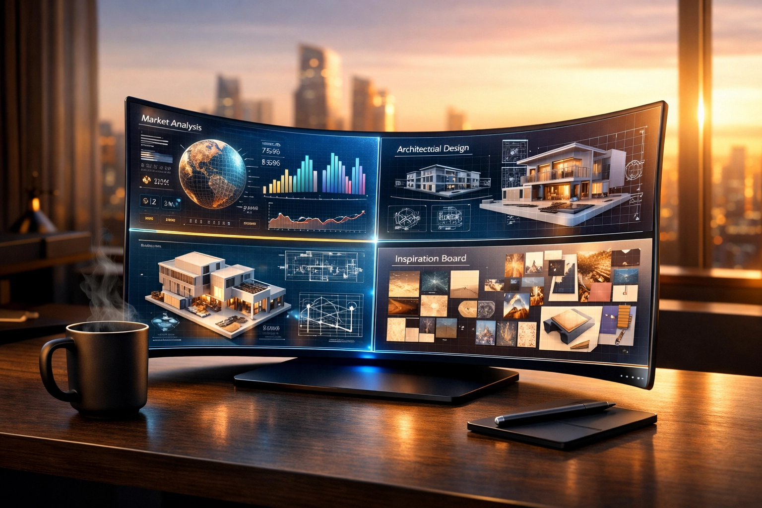 Fractional professional workspace with holographic display illustrating a diversified portfolio career.