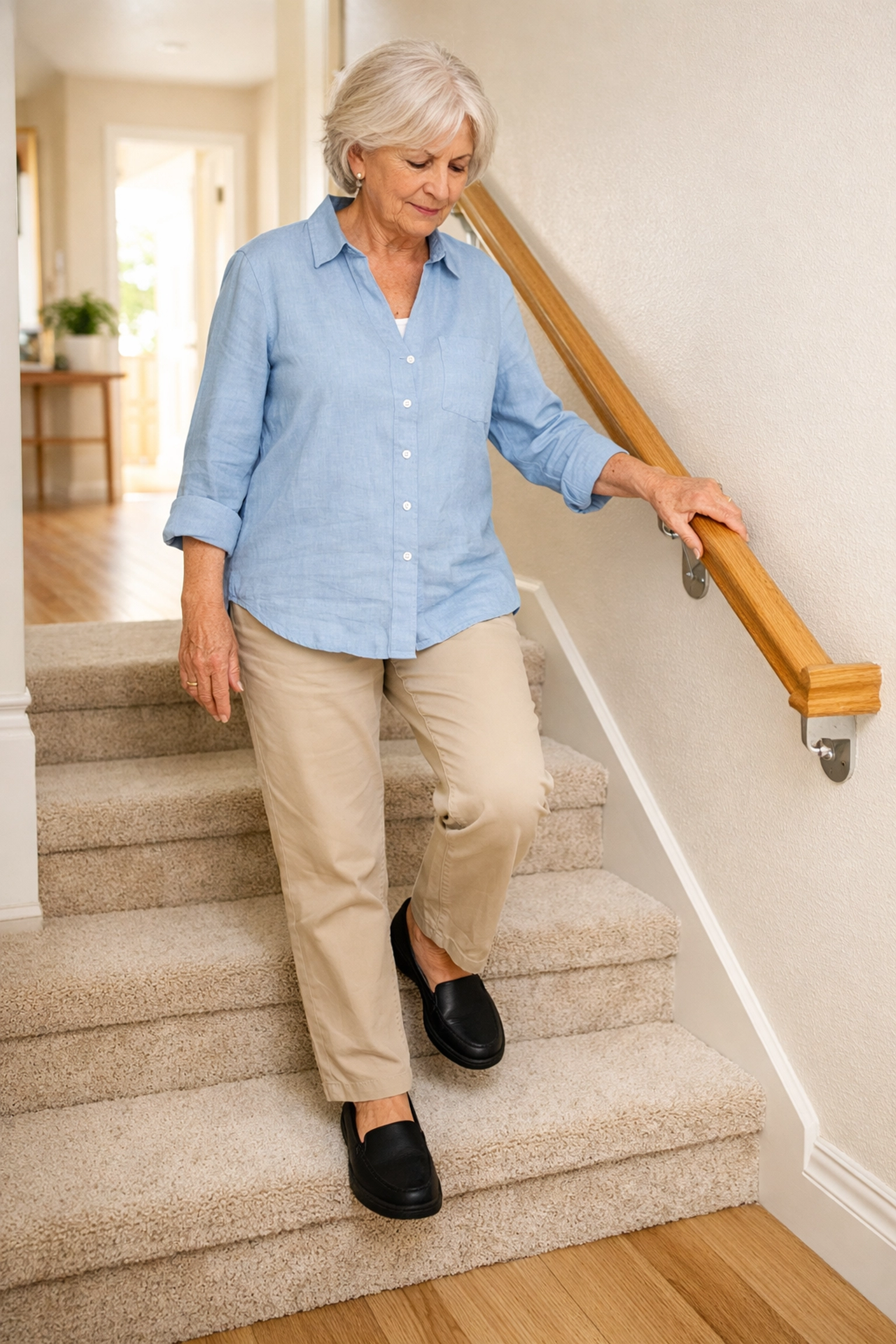 Senior woman safely walking down bright, clutter-free stairs while using the handrail for support.