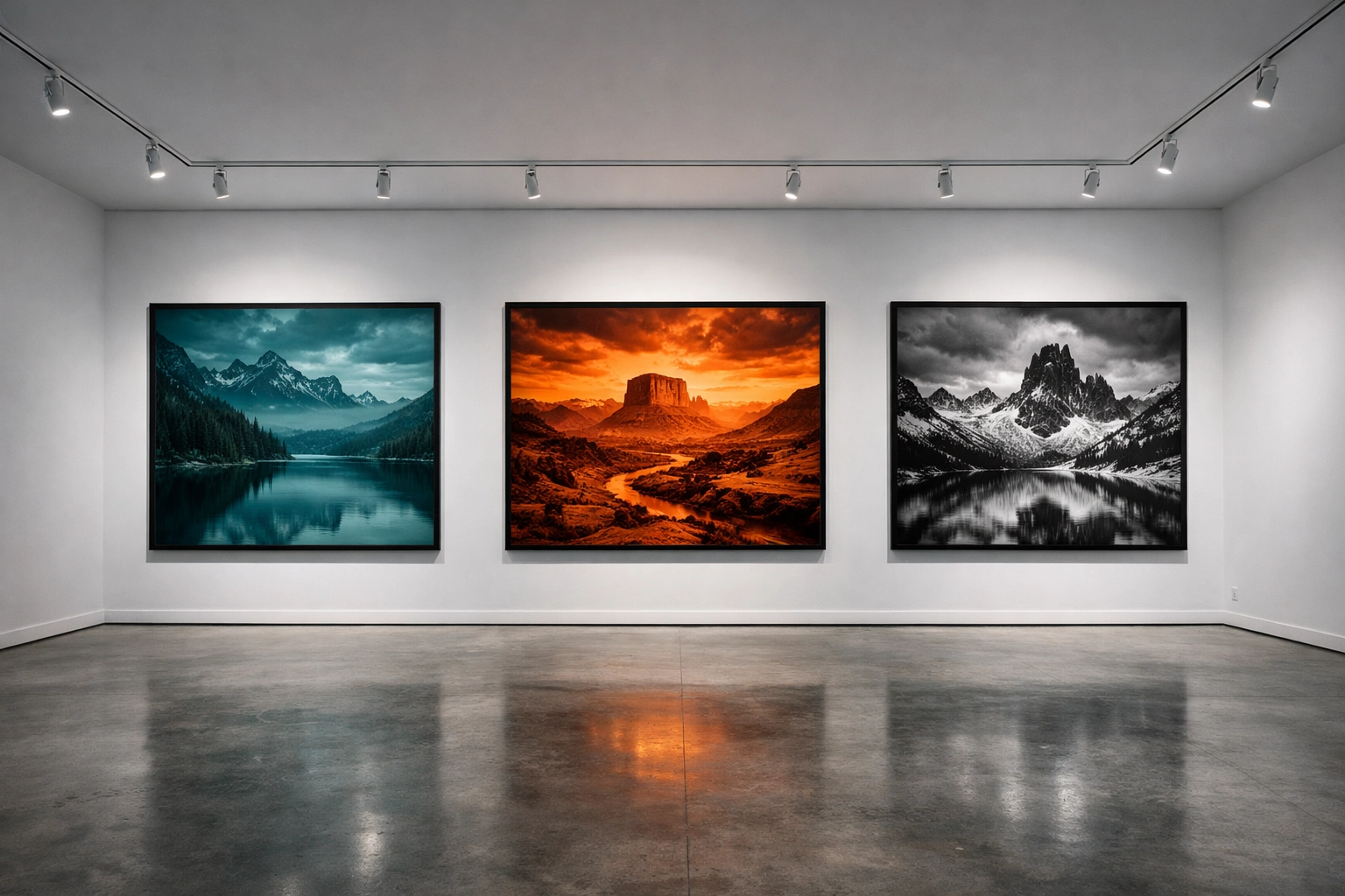 A gallery wall featuring fine art prints with a consistent photo editing style.