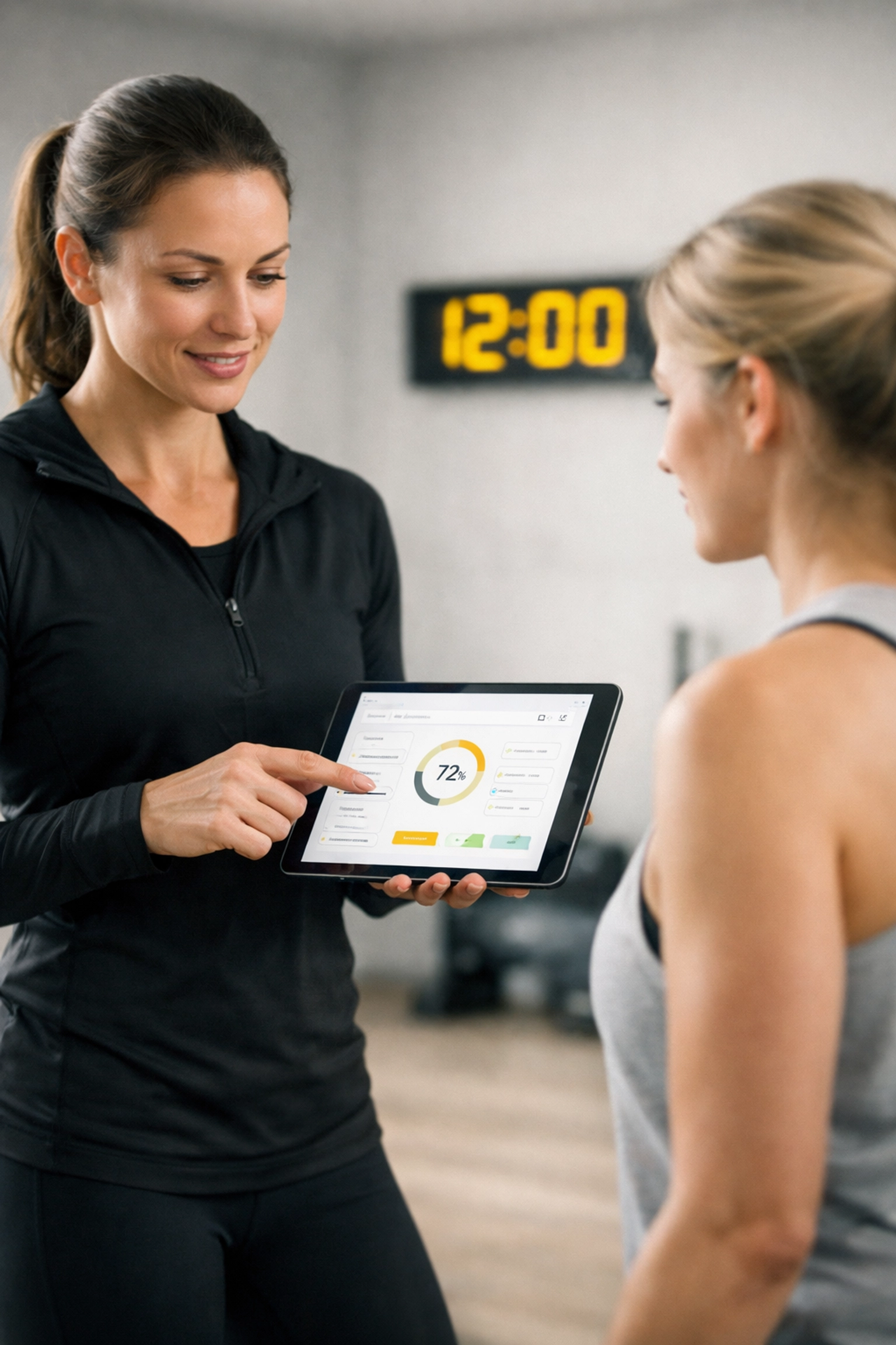 Professional trainer showing a client a streamlined sales funnel on a tablet in a modern gym.