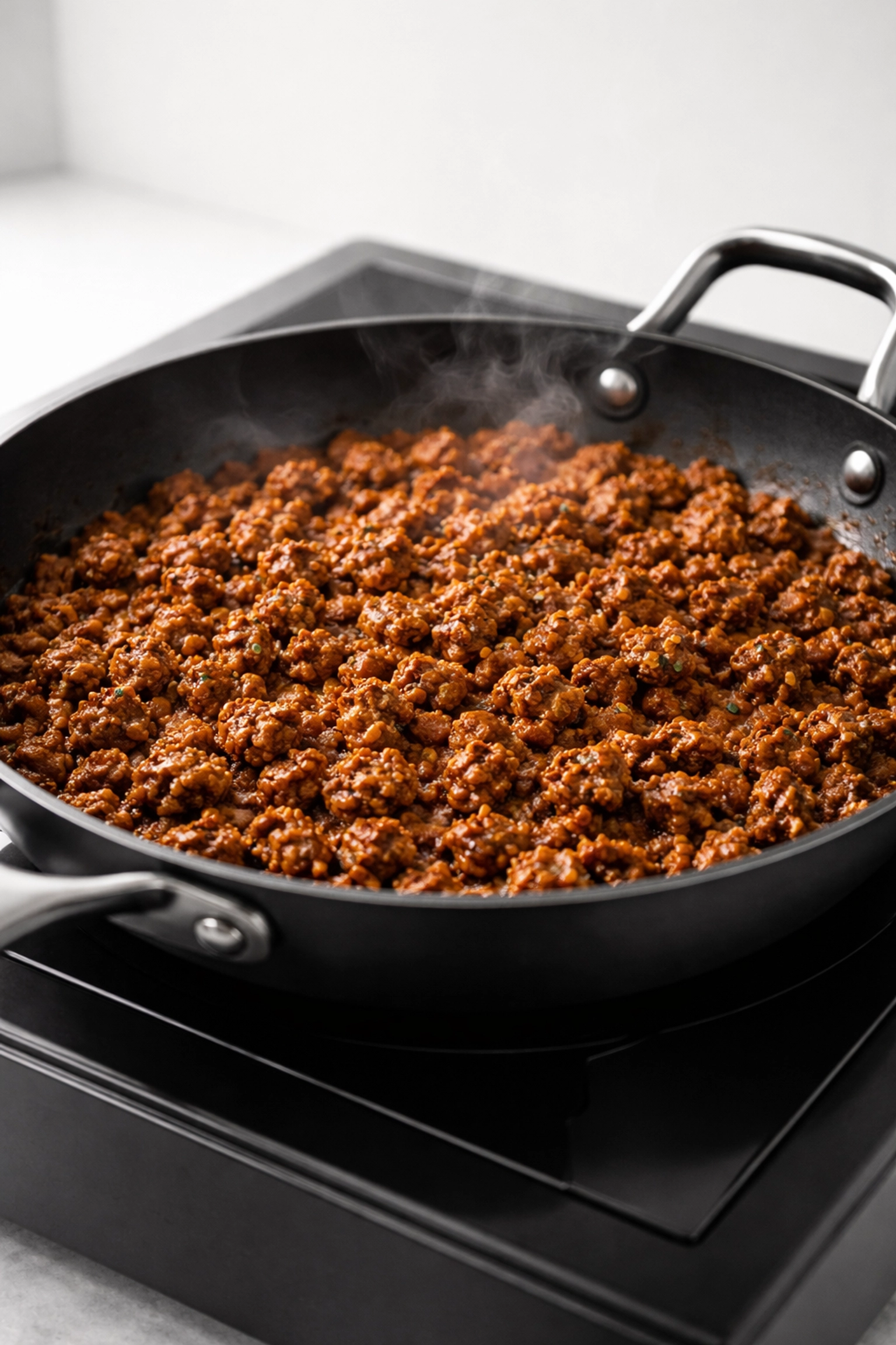 Large skillet with browned seasoned taco meat for keto smashed taco bowl, showing high protein content