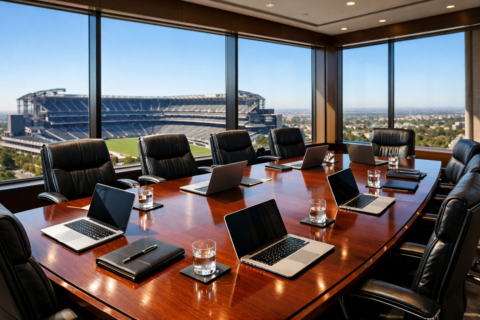 Modern executive boardroom overlooking a professional football stadium for Super Bowl strategic planning.