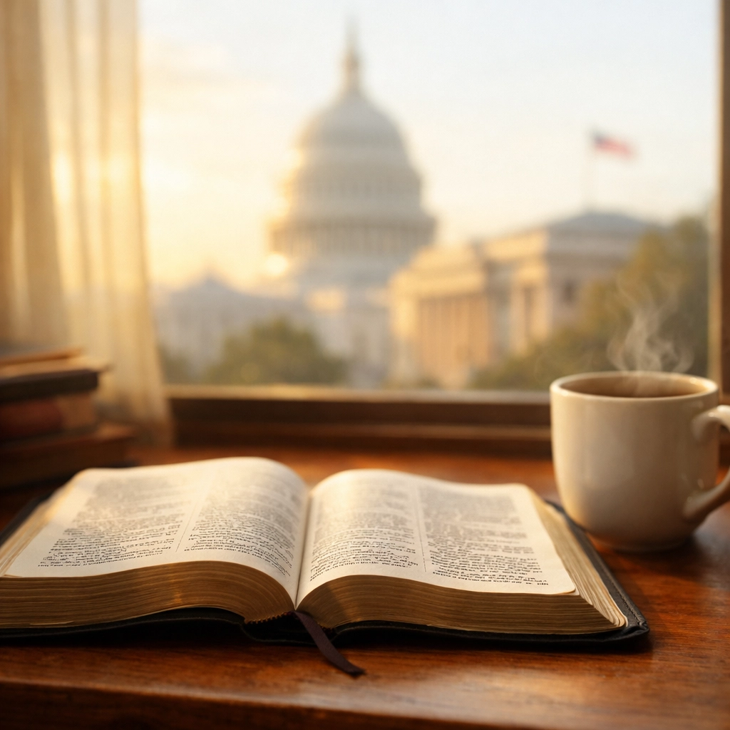 Open Bible and coffee by window with view of Capitol building for prayer
