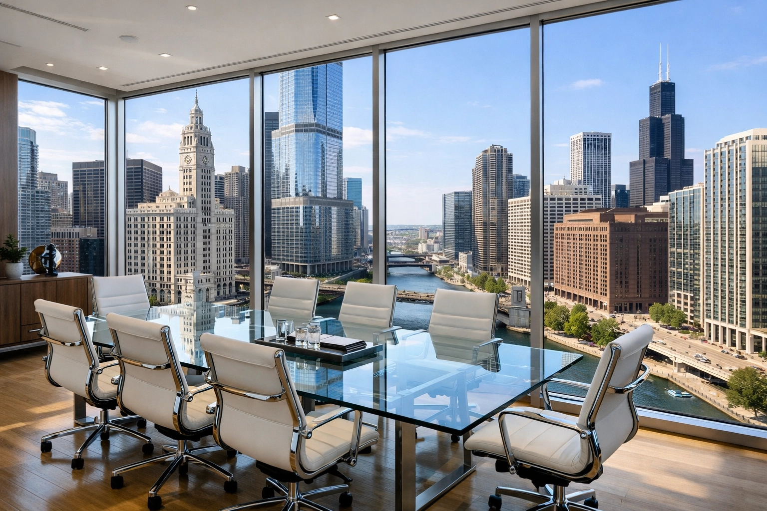 Spotless executive office in a Chicago high-rise overlooking the river and architectural skyline.