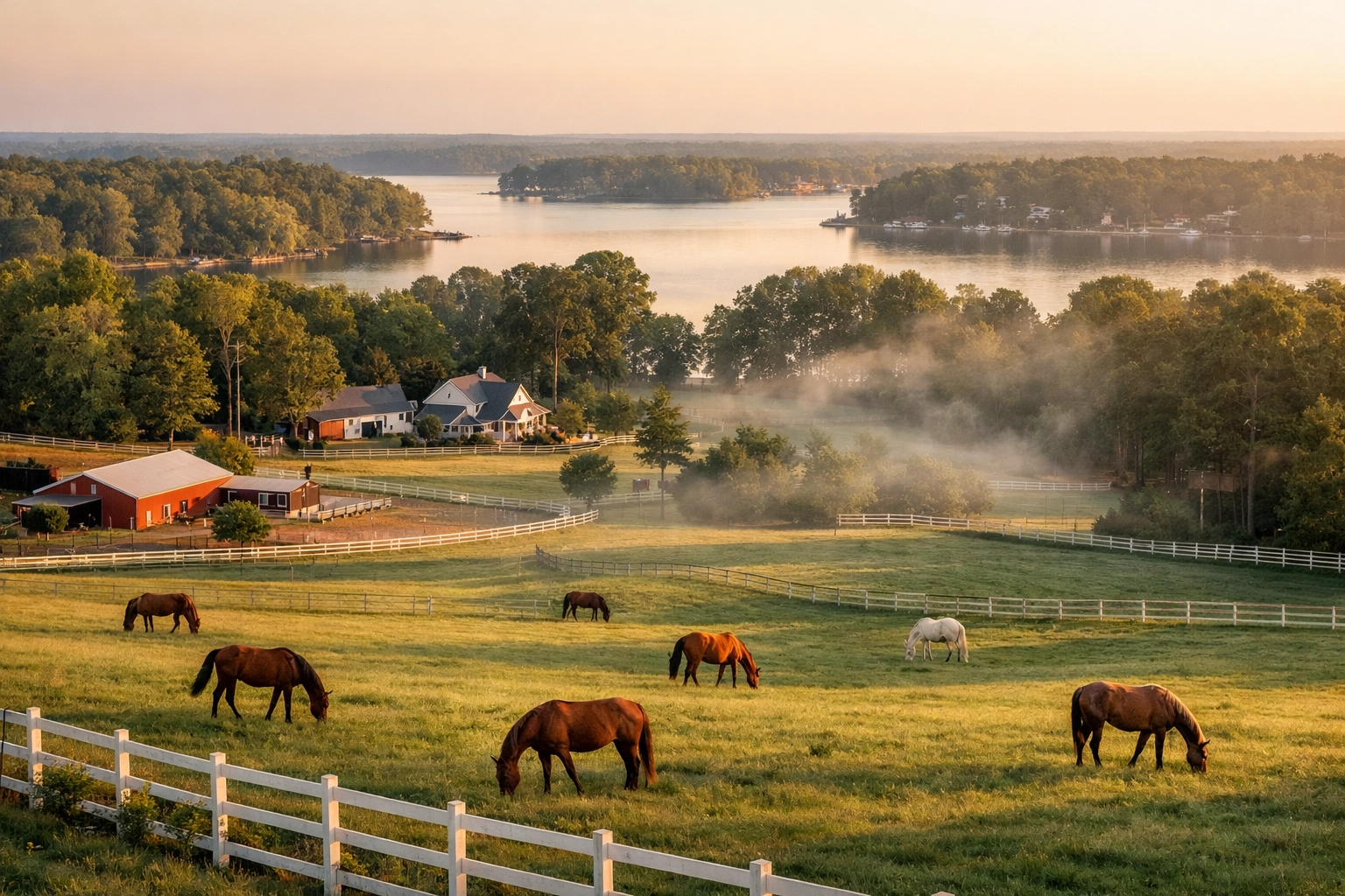 Horse farm near Lake Norman Davidson NC with pastures and lake views