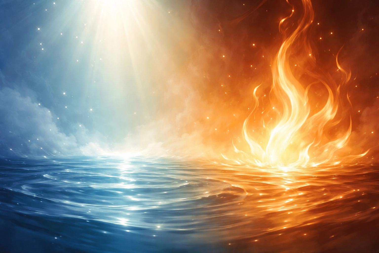 Side-by-side images of rippling water and rising flames representing water baptism and Holy Spirit baptism.