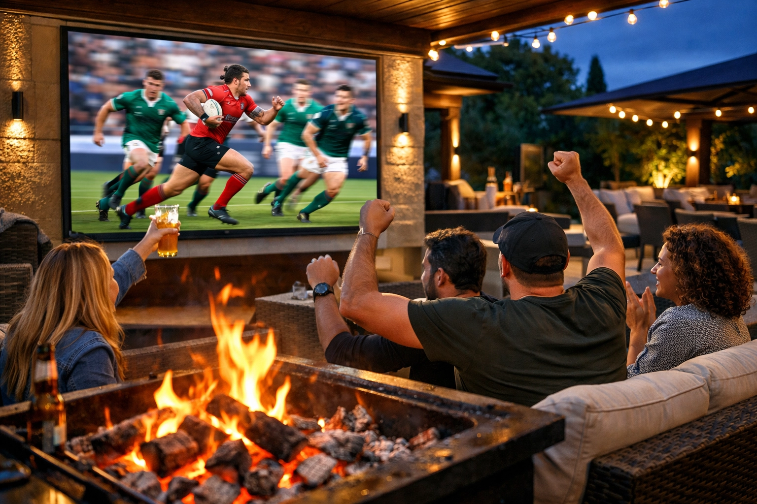 Friends streaming a rugby match on an outdoor TV during a social backyard braai.