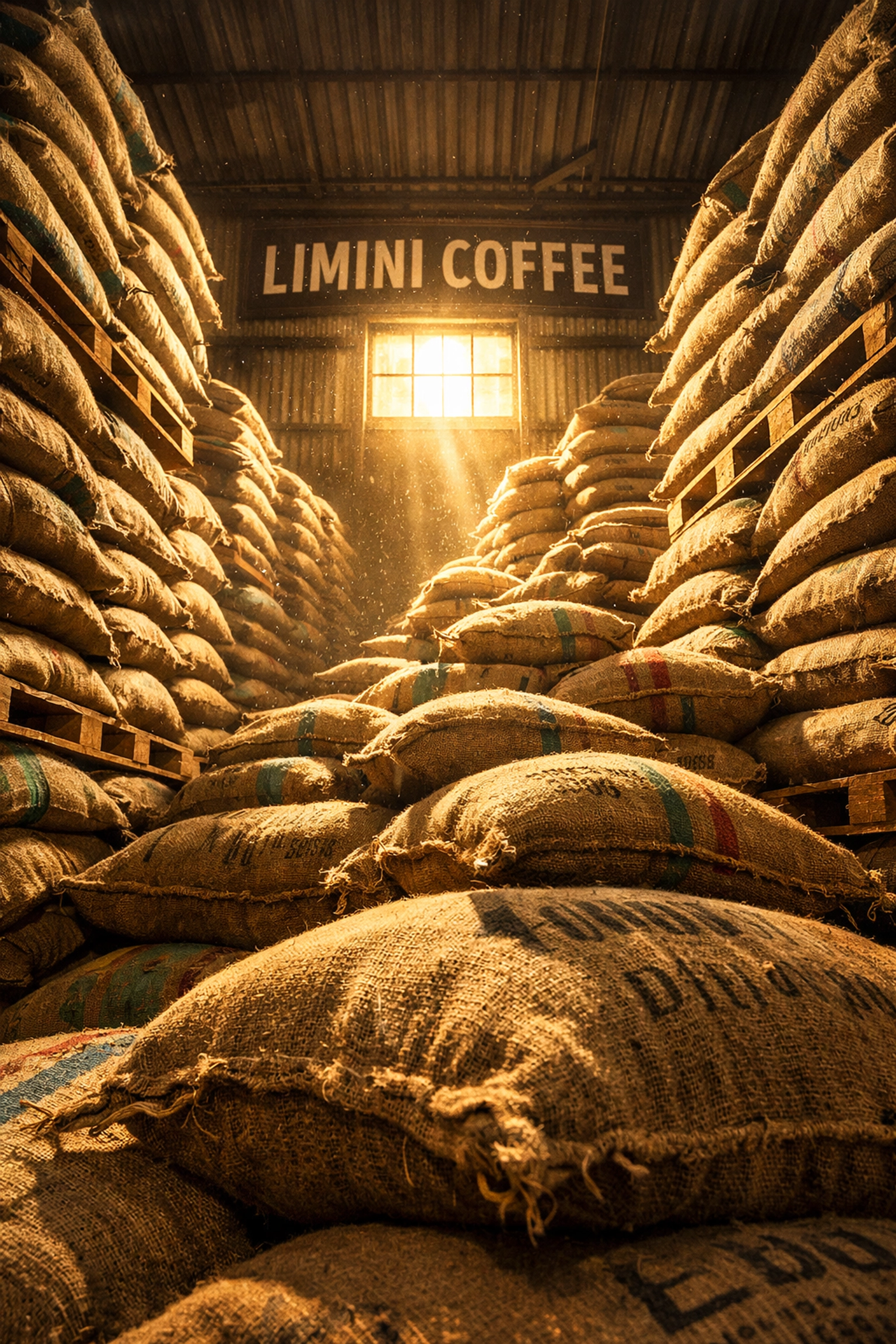 Towering stacks of burlap coffee sacks in a sunlit speciality coffee roastery warehouse.