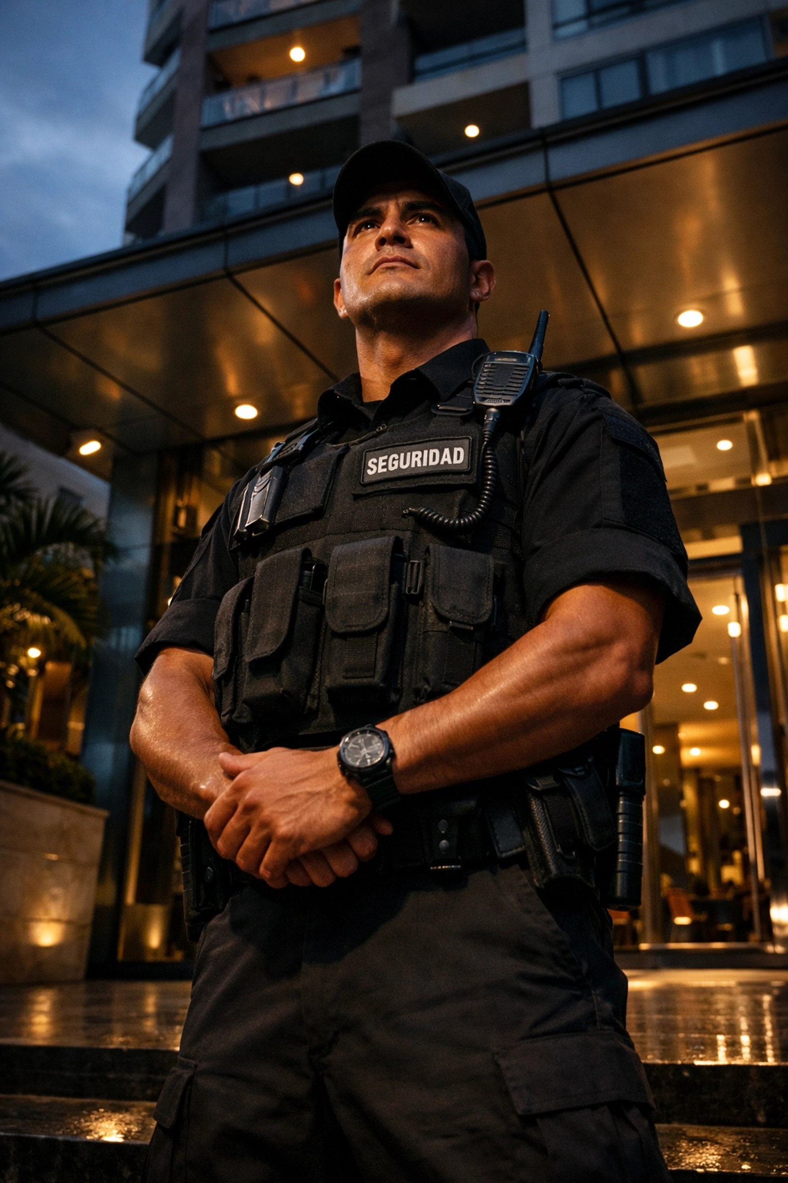 Professional security guard at entrance of upscale Medellin residential building