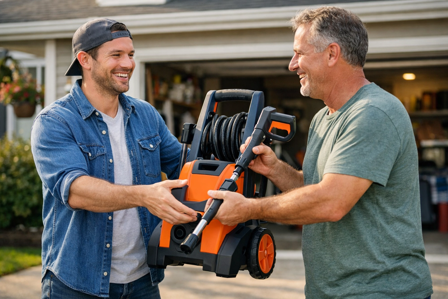 Two neighbors sharing a pressure washer in driveway demonstrating peer-to-peer tool rental