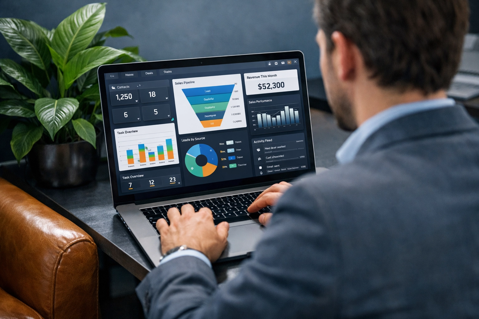 Person using laptop with CRM analytics dashboards