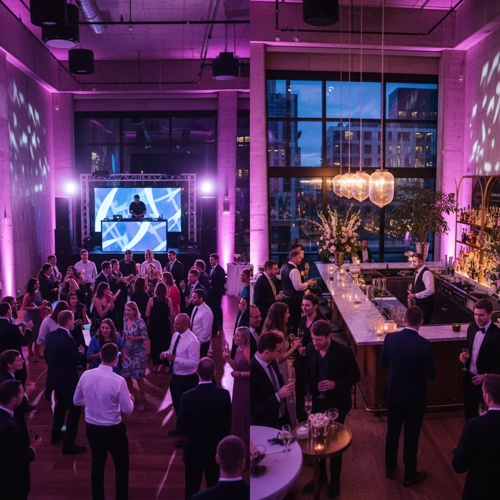 Elegant party with guests dancing and mingling in a hall. DJ at booth with vibrant lighting. Bar with bartenders on the right. Evening mood.