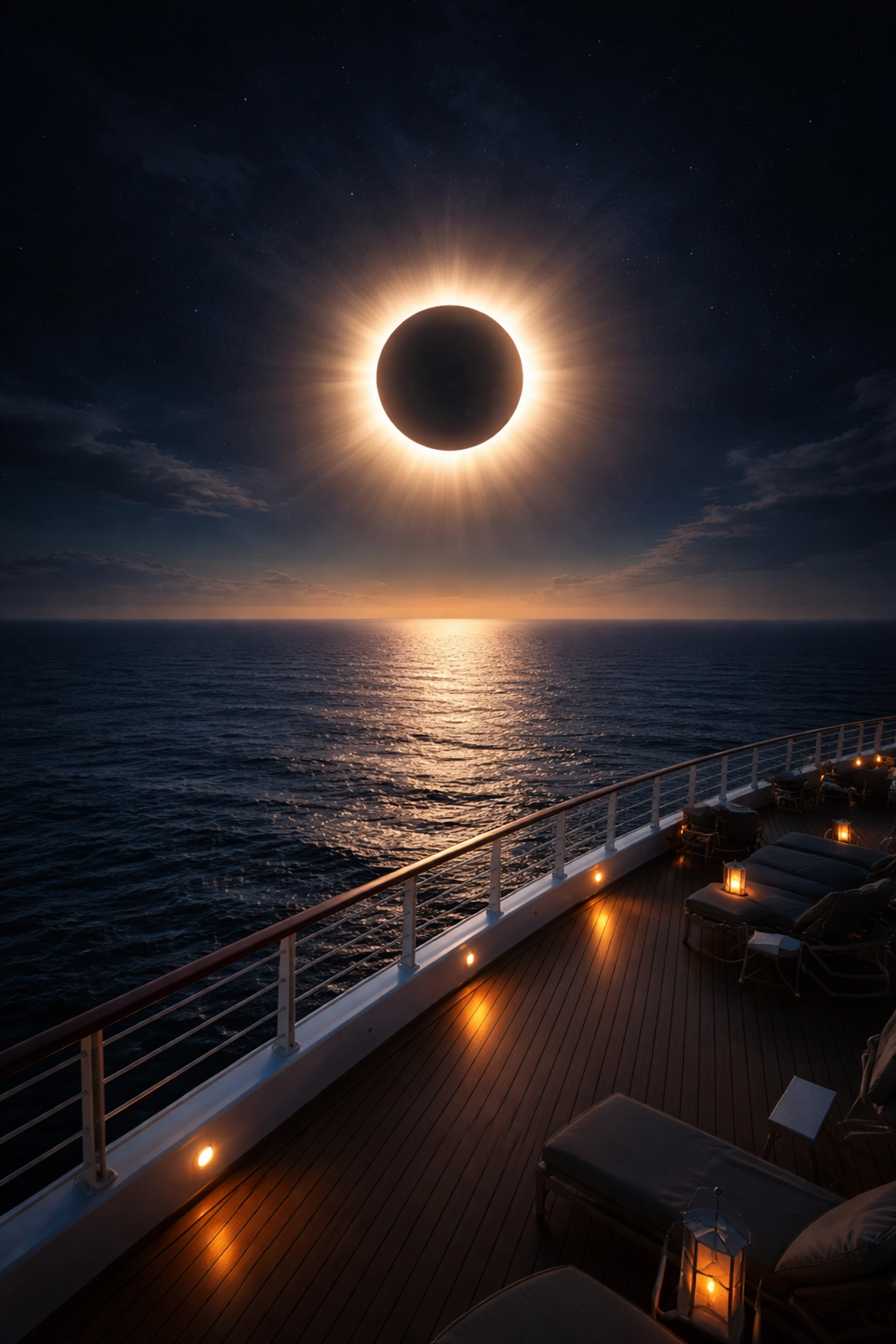Total solar eclipse viewed from a cruise ship deck over the ocean, perfect for 2026 stargazing cruises.