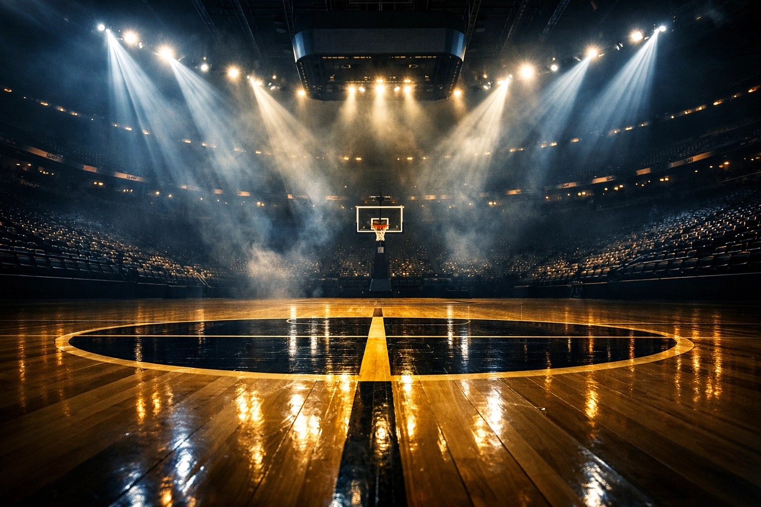 Empty professional basketball arena with spotlight beams illuminating the court floor