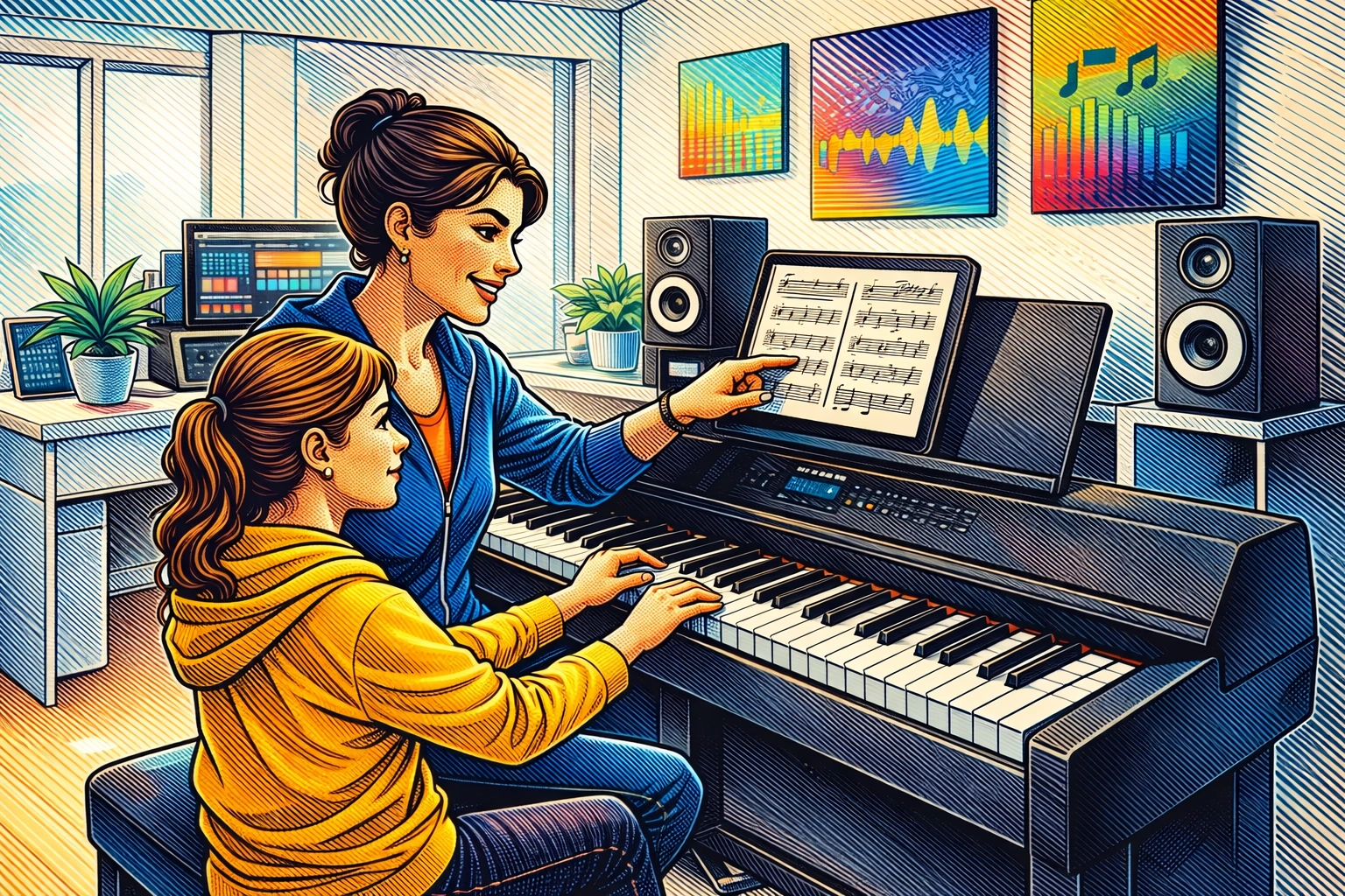 A colorful lithograph-style engraving of a one-on-one music mentor and student at a modern piano, representing Hands, Minds, and Hearts.