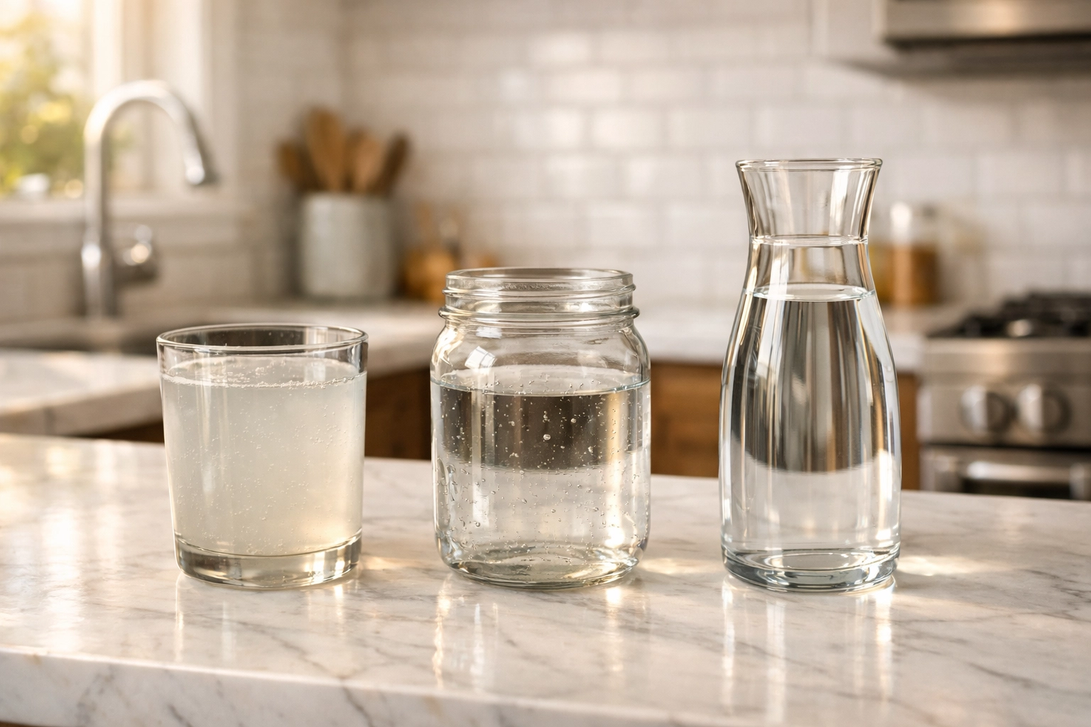 Three glasses of filtered water showing different filtration stages in a Denver home kitchen