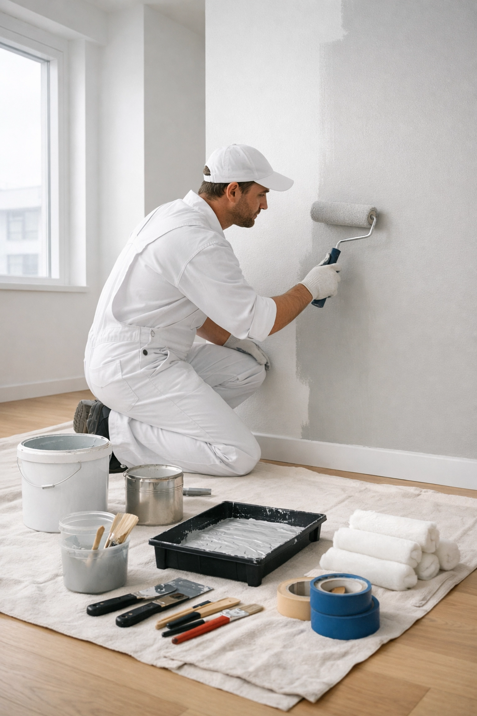 Professional painter completing apartment turnover work following proper trade sequence