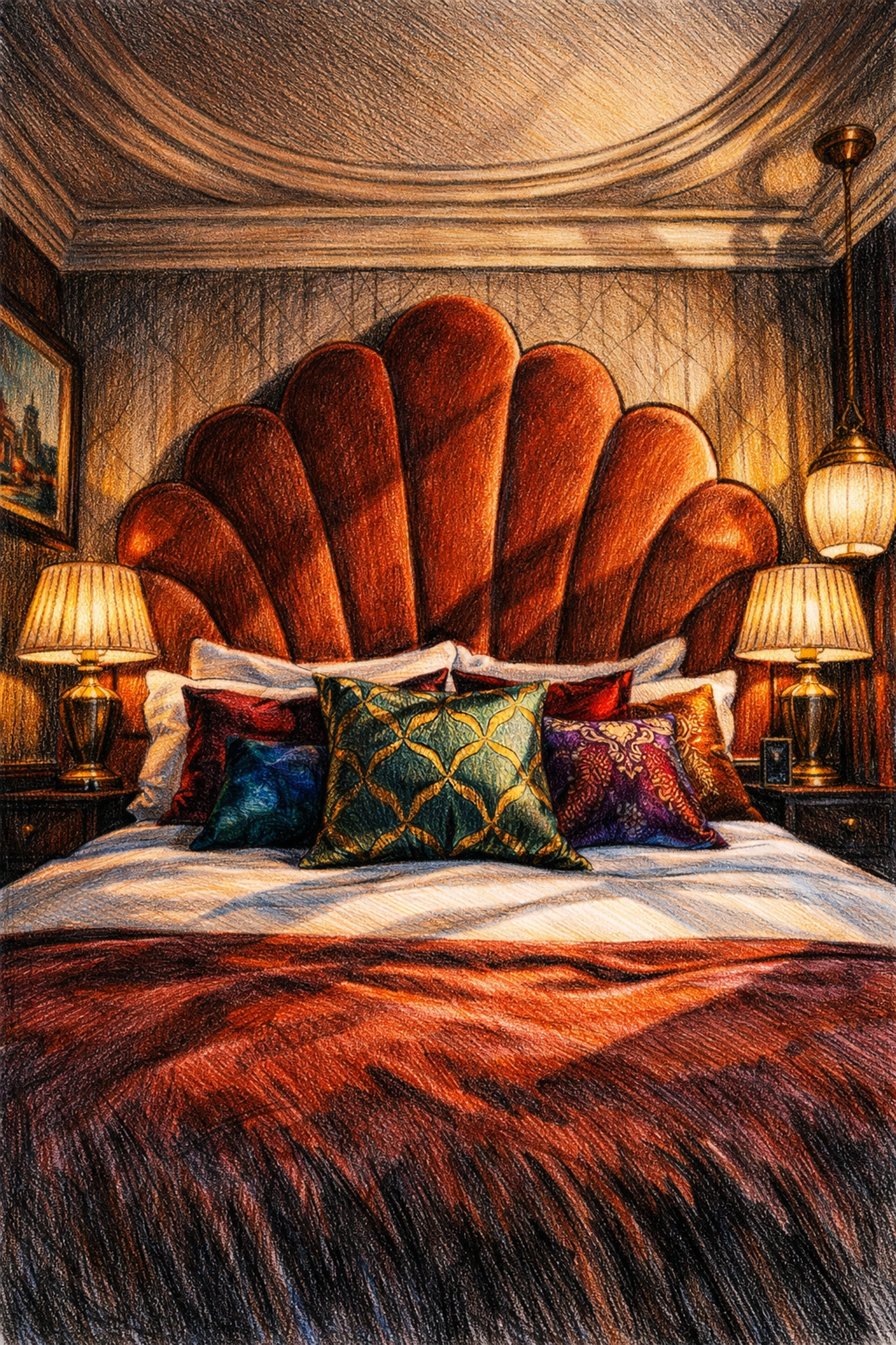 Luxury hospitality design featuring a bold terracotta headboard and geometric wallpaper in a boutique room.