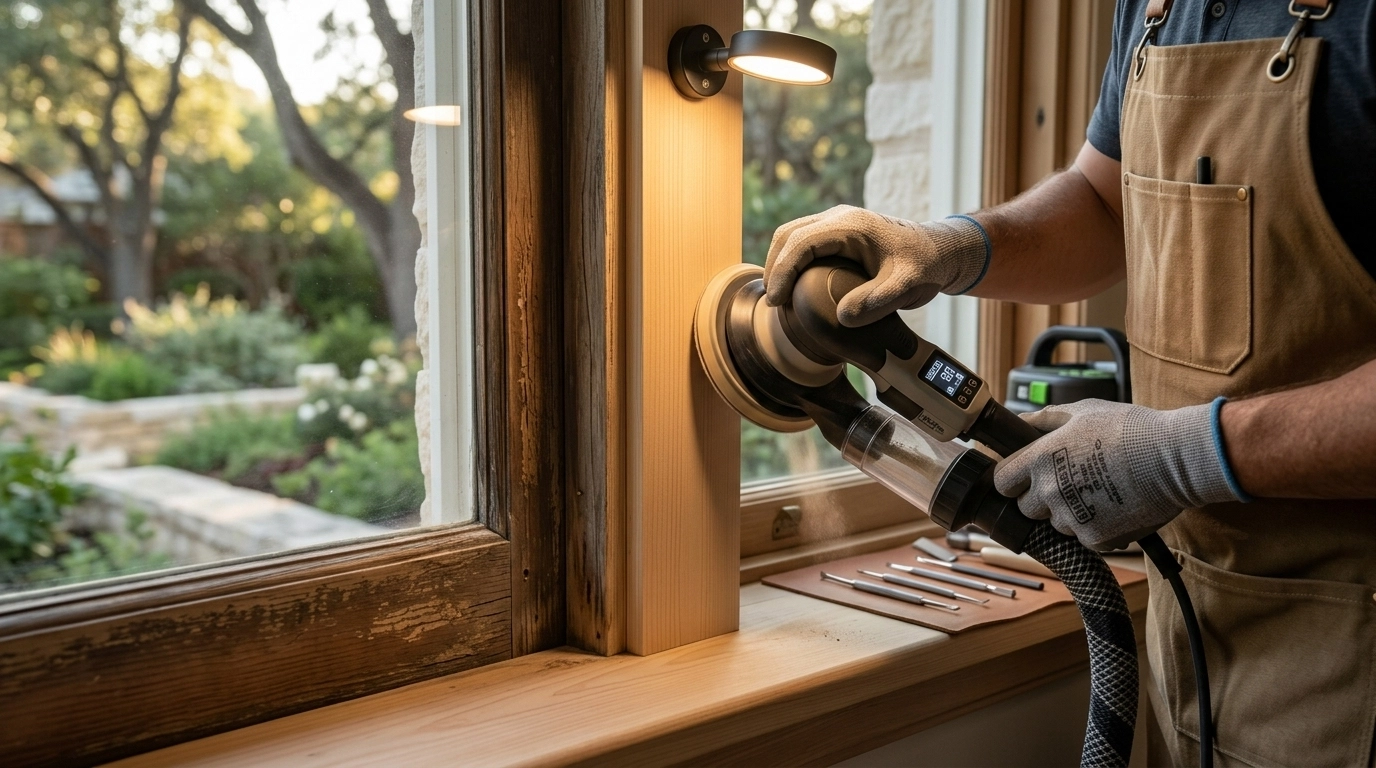 A professional craftsman using a high-end precision sander with a HEPA vacuum attachment on a historic wood frame.