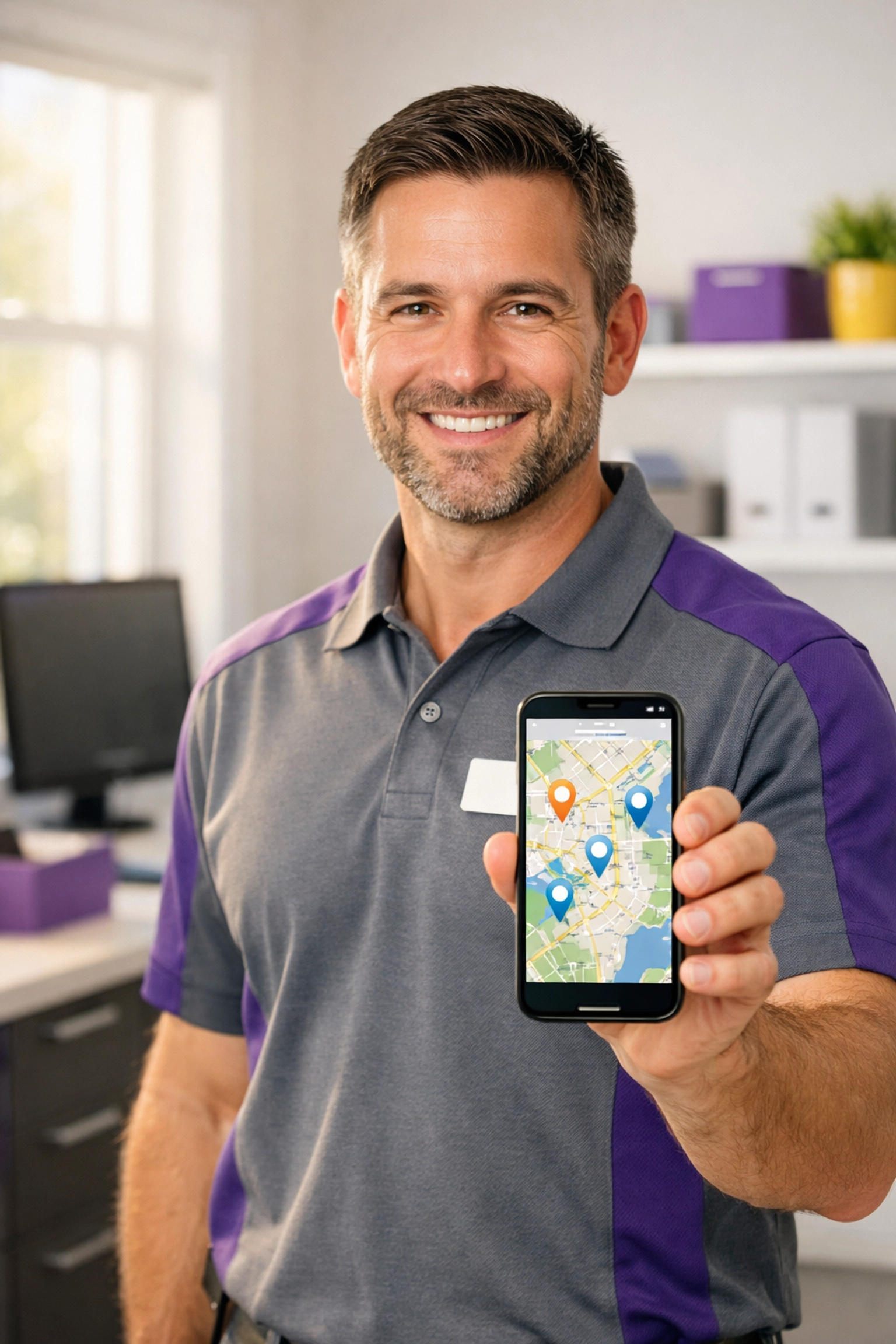 Service business owner using a smartphone map to optimize a Google Business Profile for local SEO.