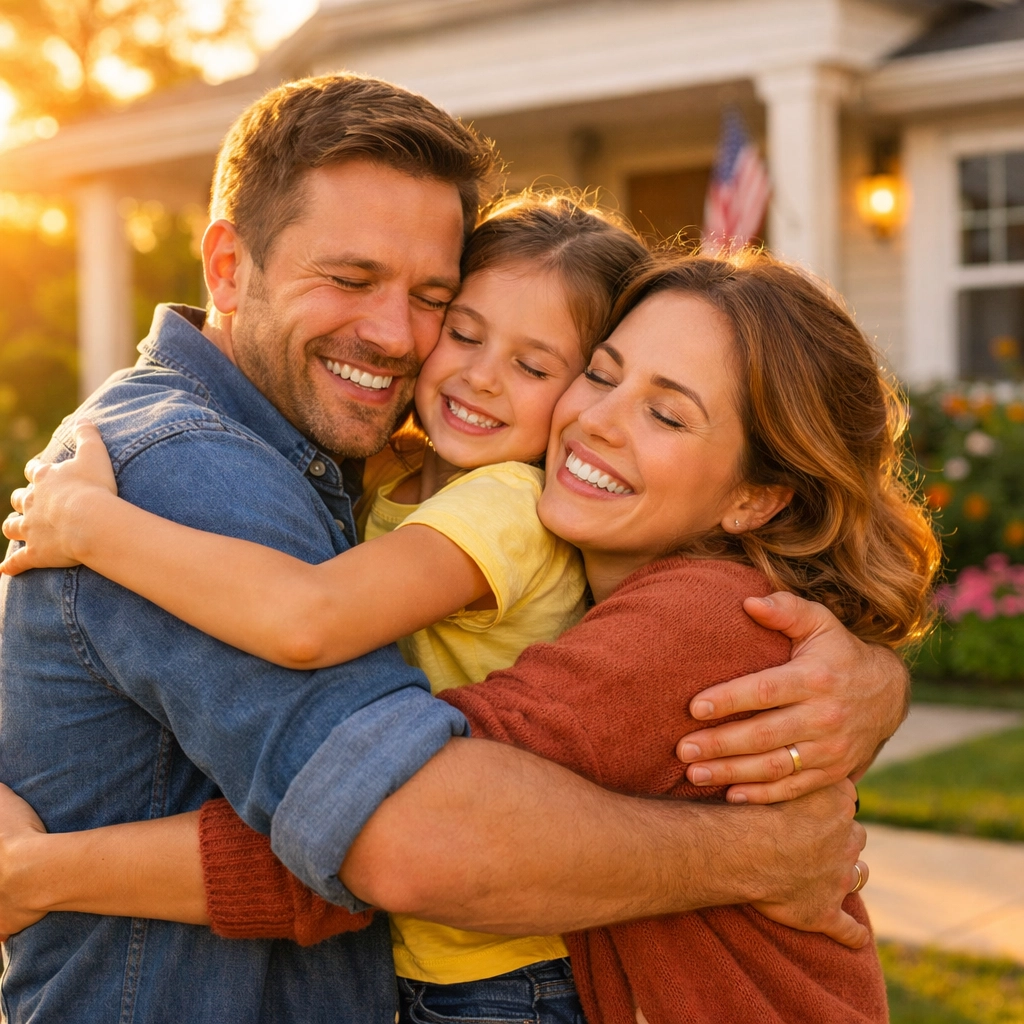 Joyful family at their new home after working with a marriage green card lawyer.