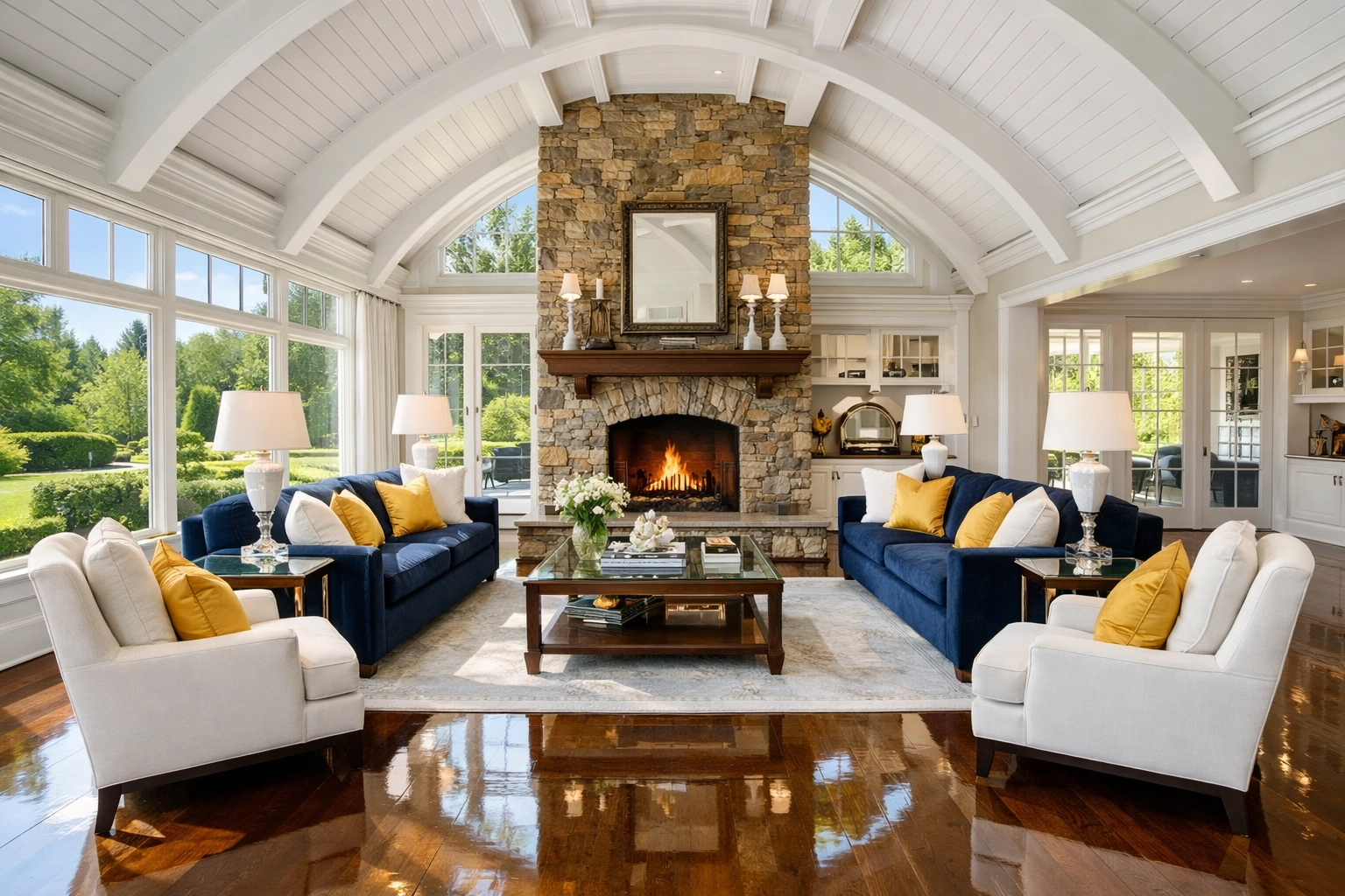 Sun-drenched luxury living room in Weston MA maintained by professional luxury house cleaning.